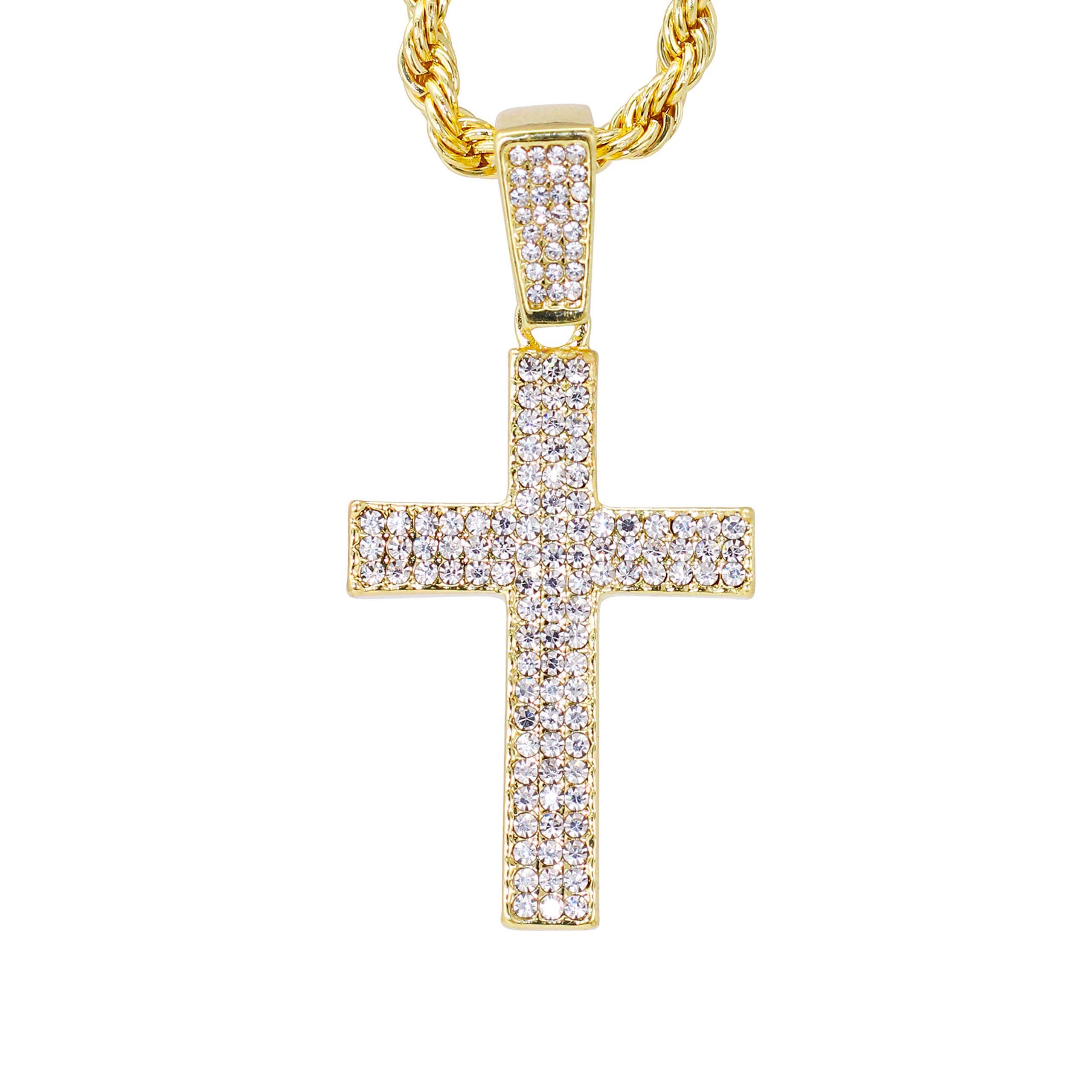 Medium Iced Out Cross Pendant with 4mm Rope Chain