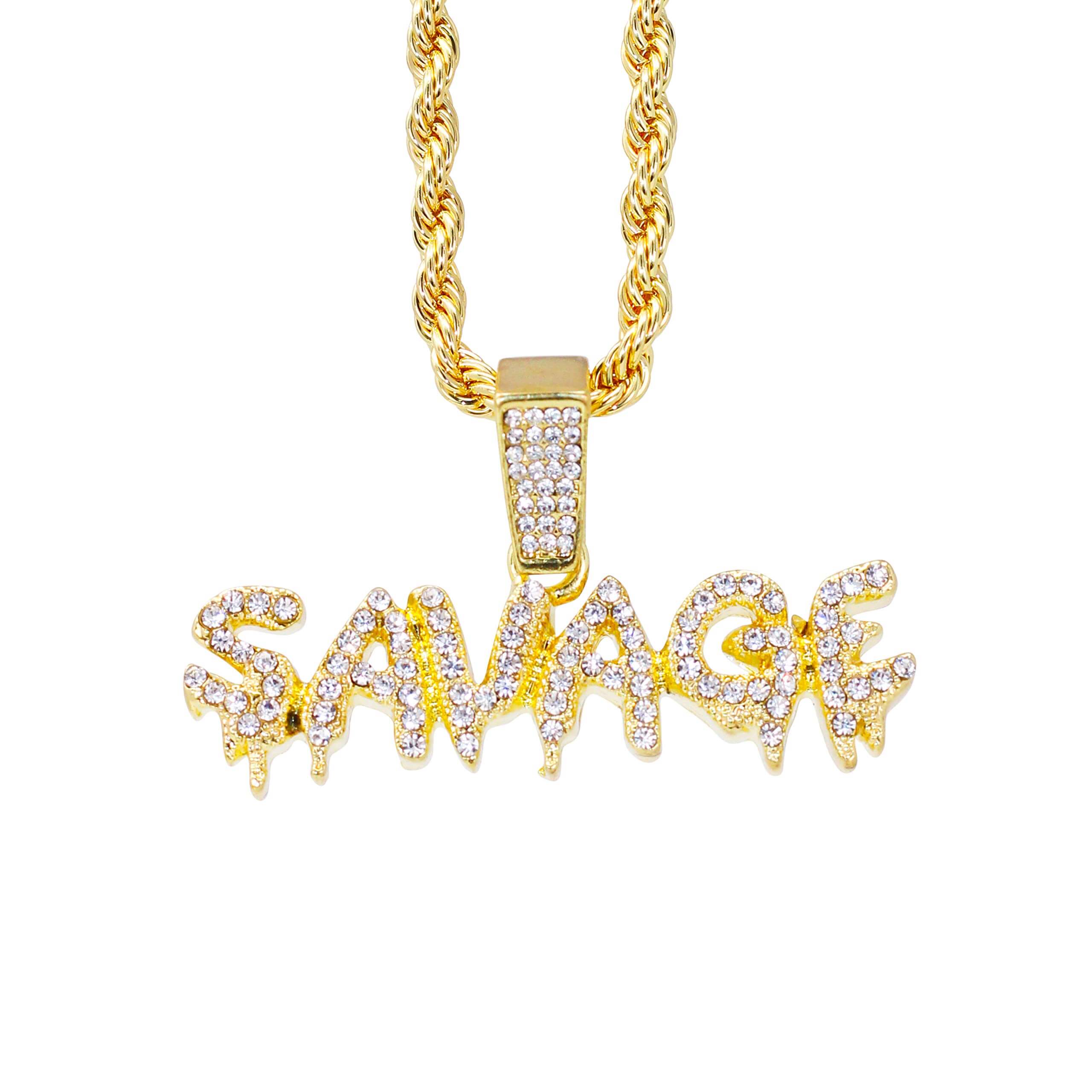 Medium Iced Out Savage Pendant with 4mm Rope Chain