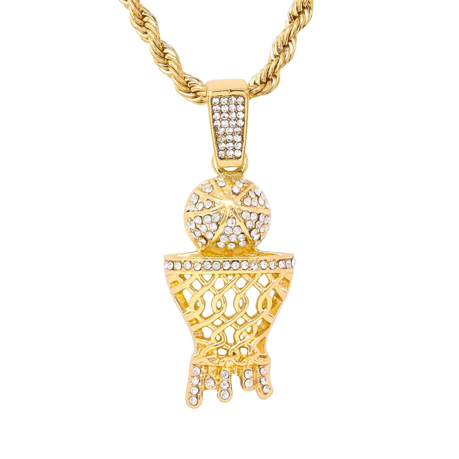 Medium Iced Out Basketball Hoop Pendant with 4mm Rope Chain