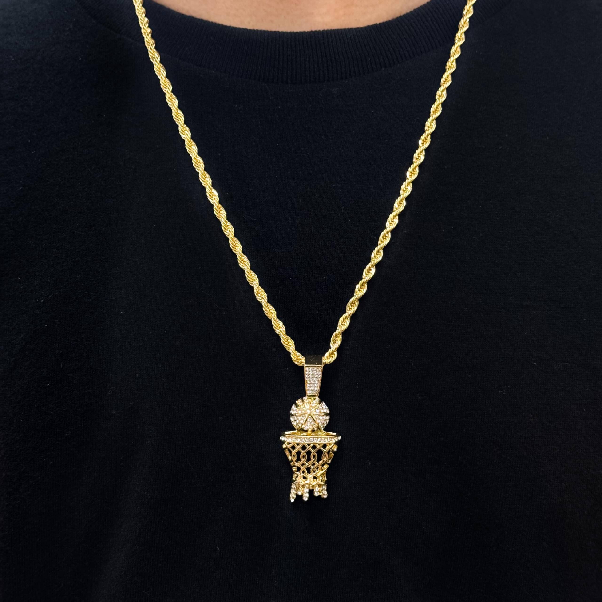 Medium Iced Out Basketball Hoop Pendant with 4mm Rope Chain