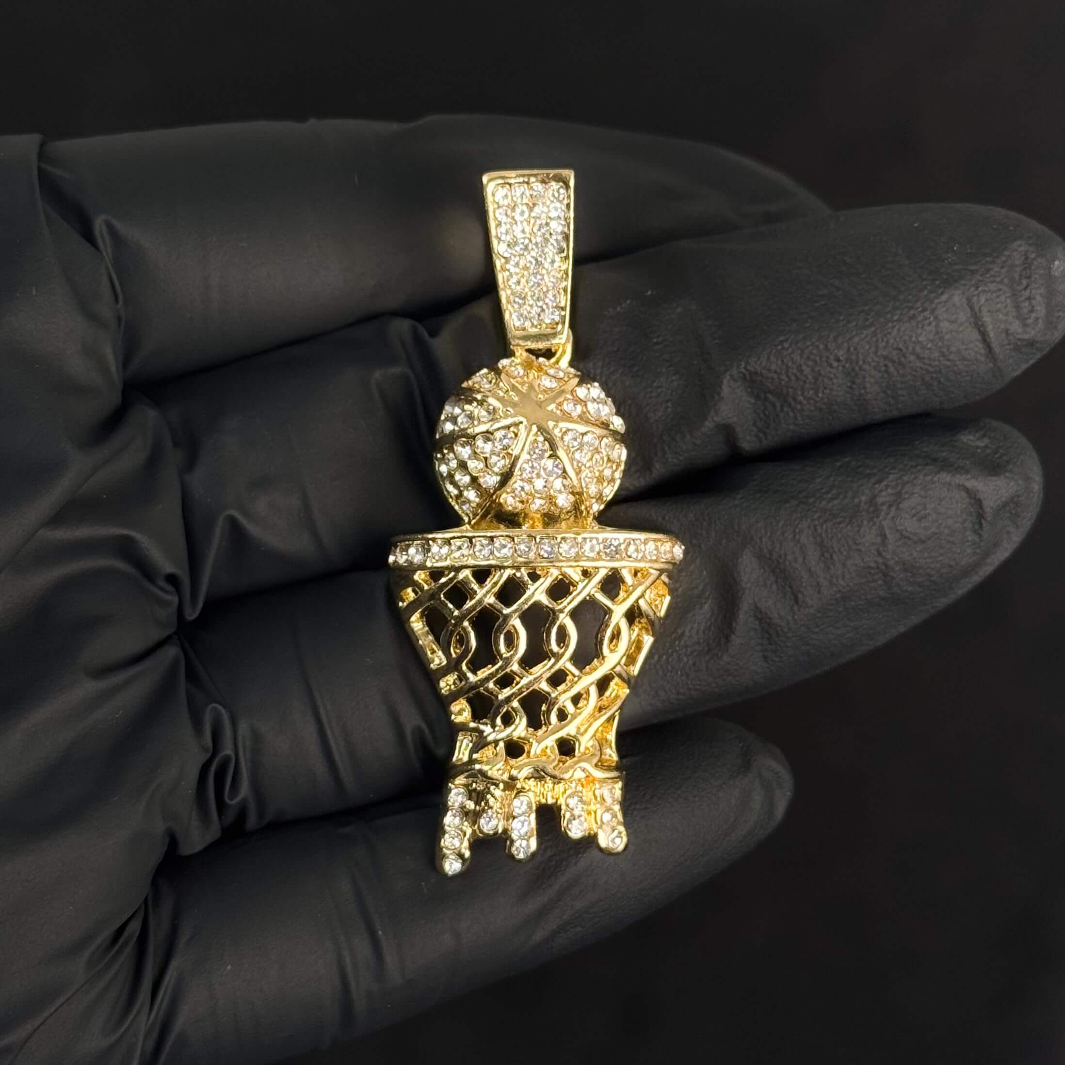 Medium Iced Out Basketball Hoop Pendant with 4mm Rope Chain