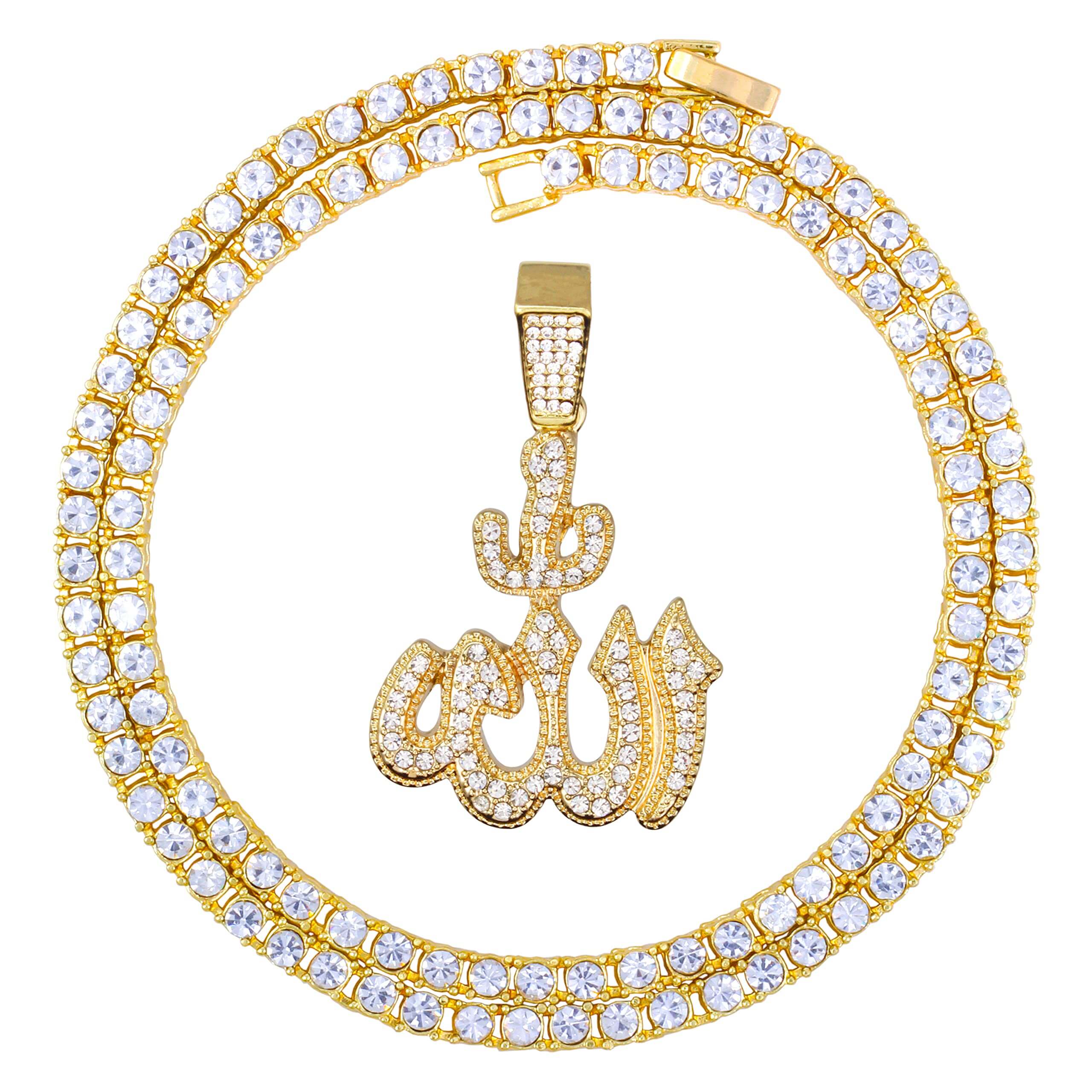 Men's Iced Out Medium Allah Pendant Necklace Set with Cuban Link & Tennis Chains