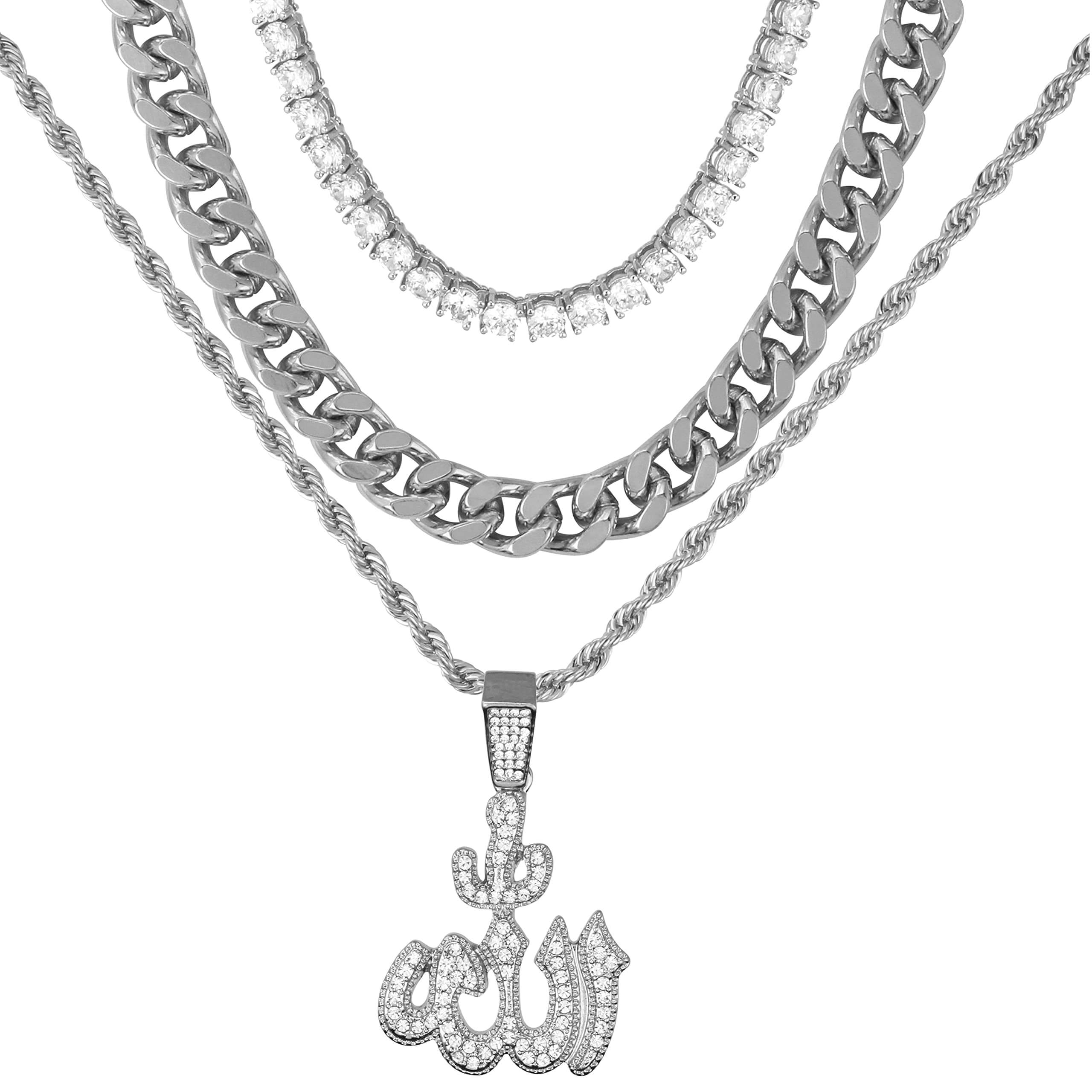 Men's Iced Out Medium Allah Pendant Necklace Set with Cuban Link & Tennis Chains