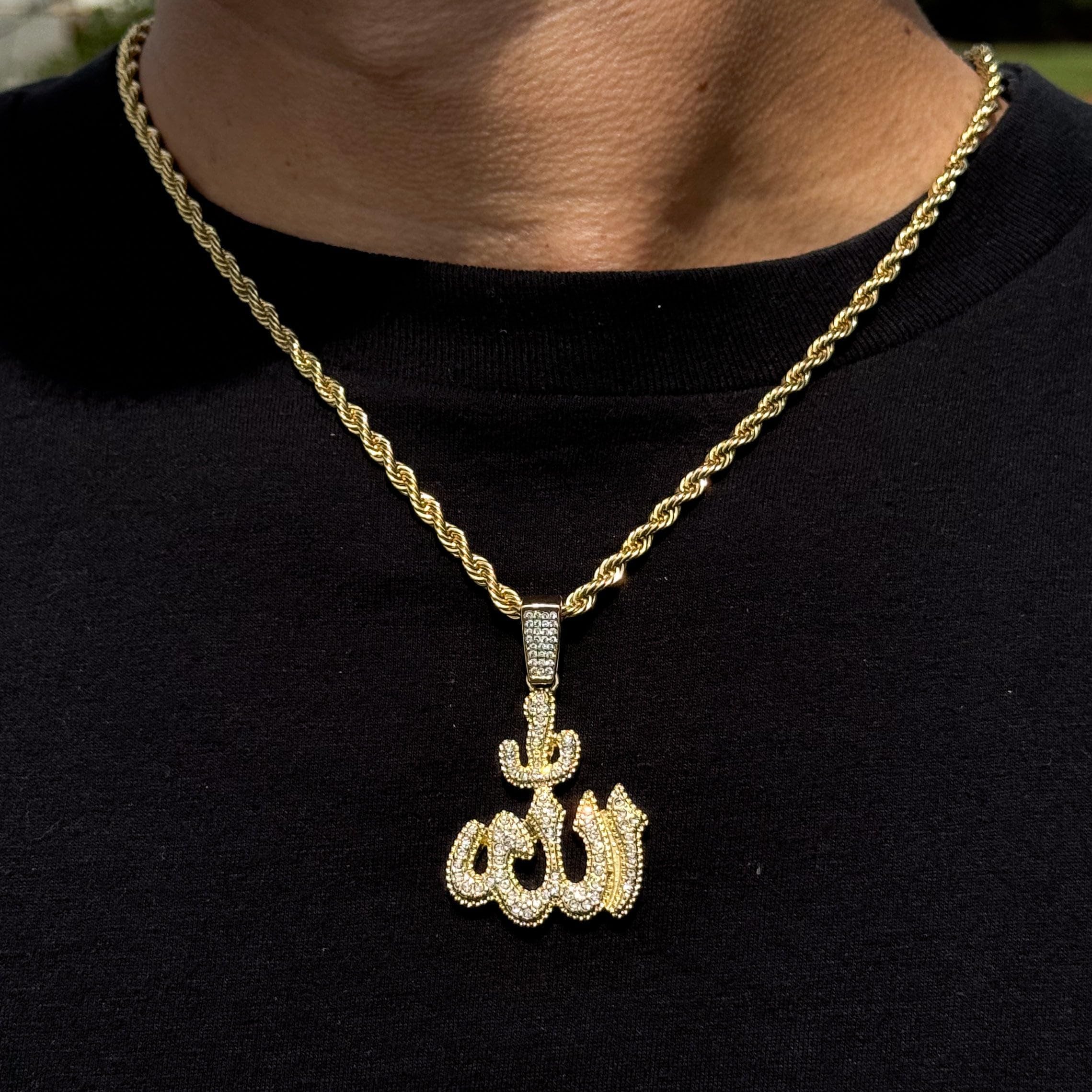 Medium Iced Out Allah Pendant with 4mm Rope Chain