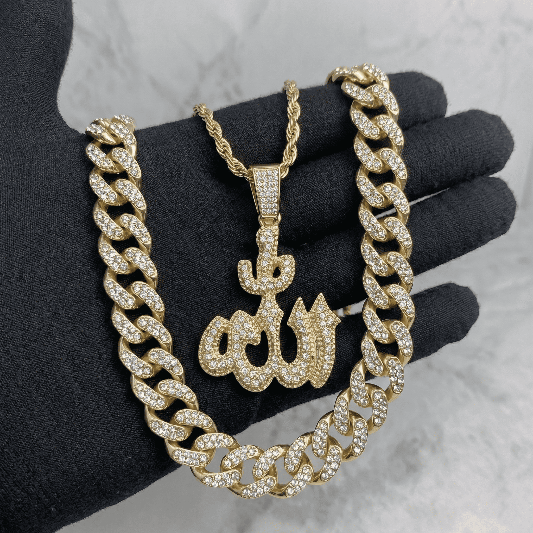 Men's Iced Out Allah Pendant Necklace and Cuban Chain Set