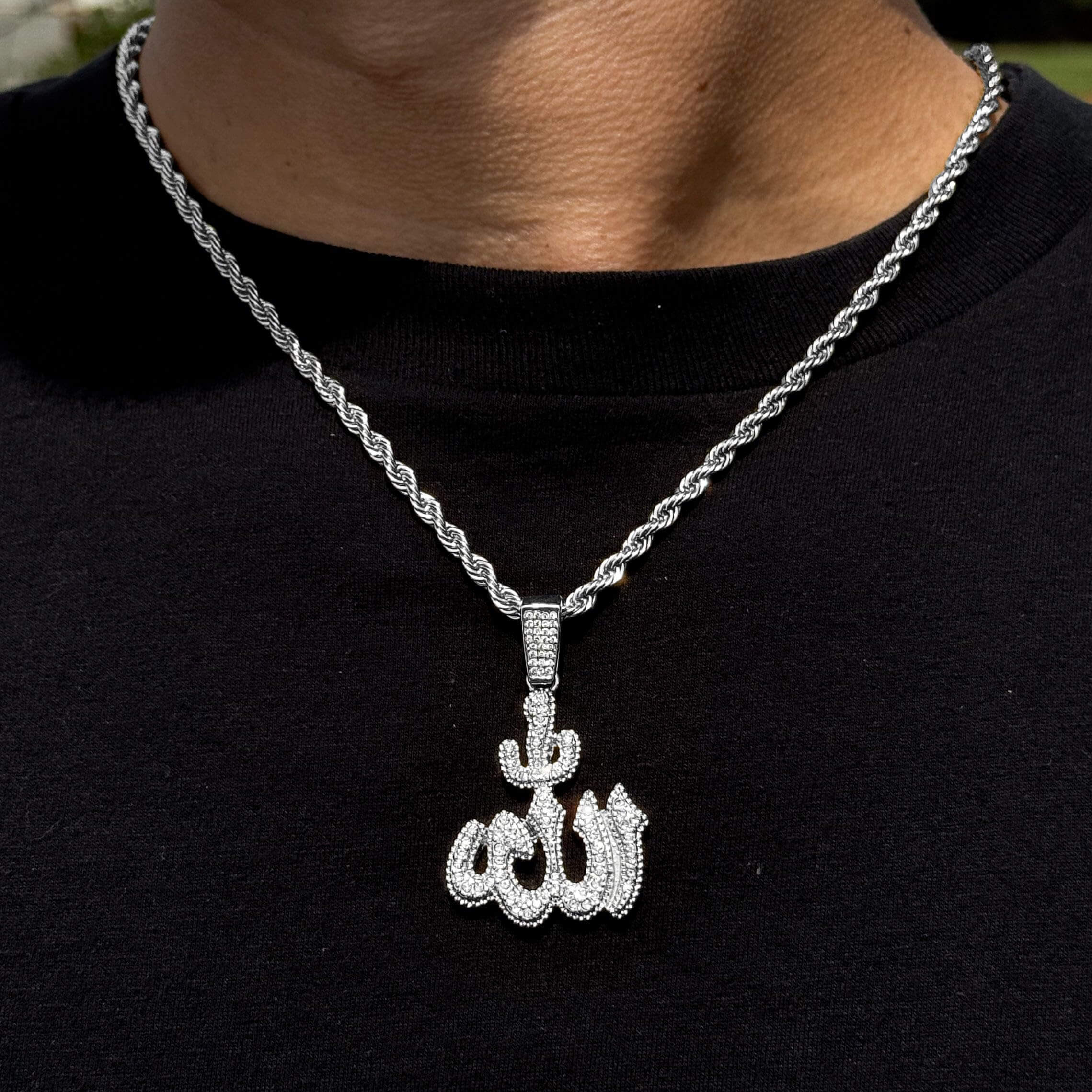 Medium Iced Out Allah Pendant with 4mm Rope Chain