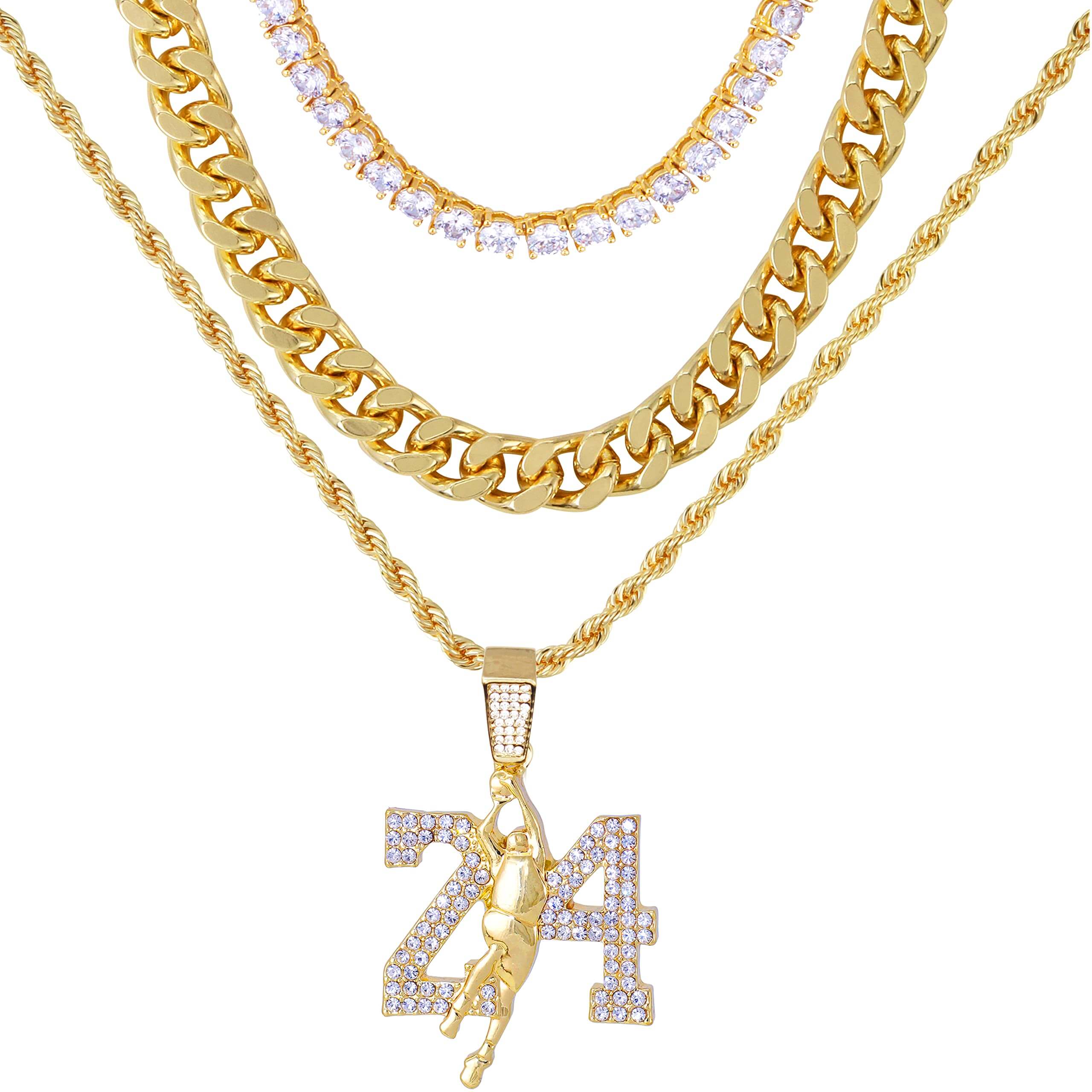 Men's Iced Out Medium 24 Basketball Pendant Necklace Set with Cuban Link & Tennis Chains