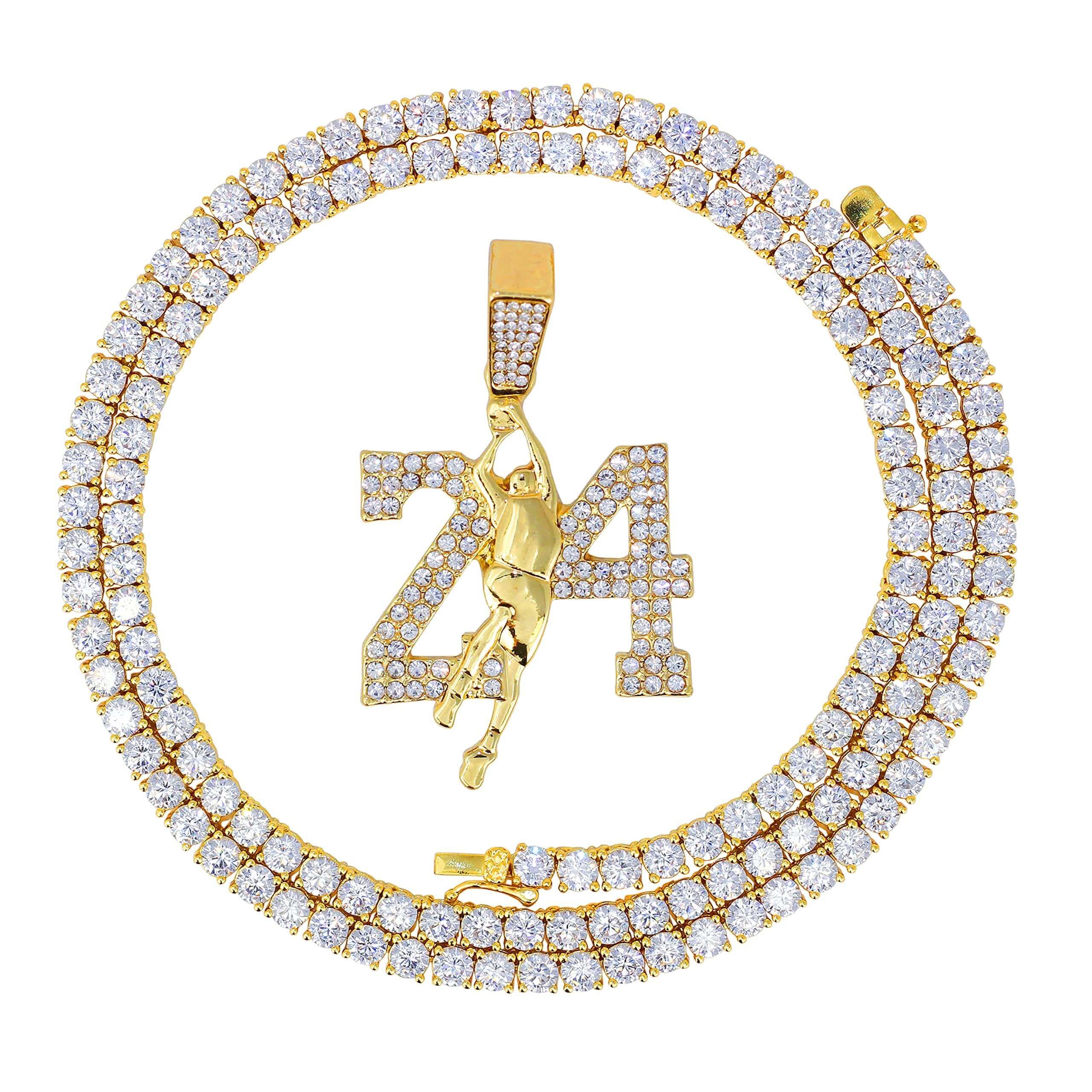 Men's Iced Out Medium 24 Basketball Pendant Necklace Set with Cuban Link & Tennis Chains