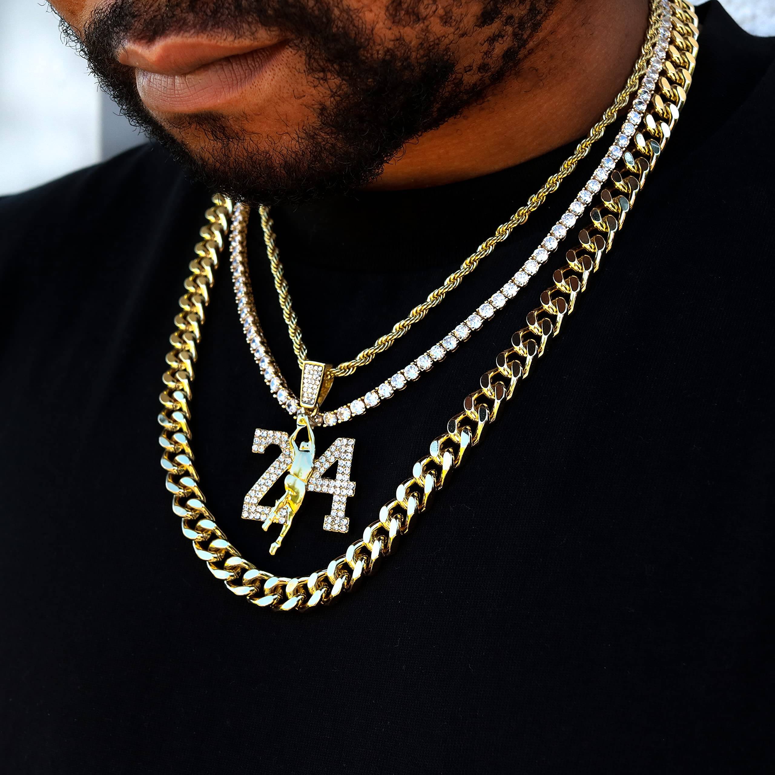 Men's Iced Out Medium 24 Basketball Pendant Necklace Set with Cuban Link & Tennis Chains