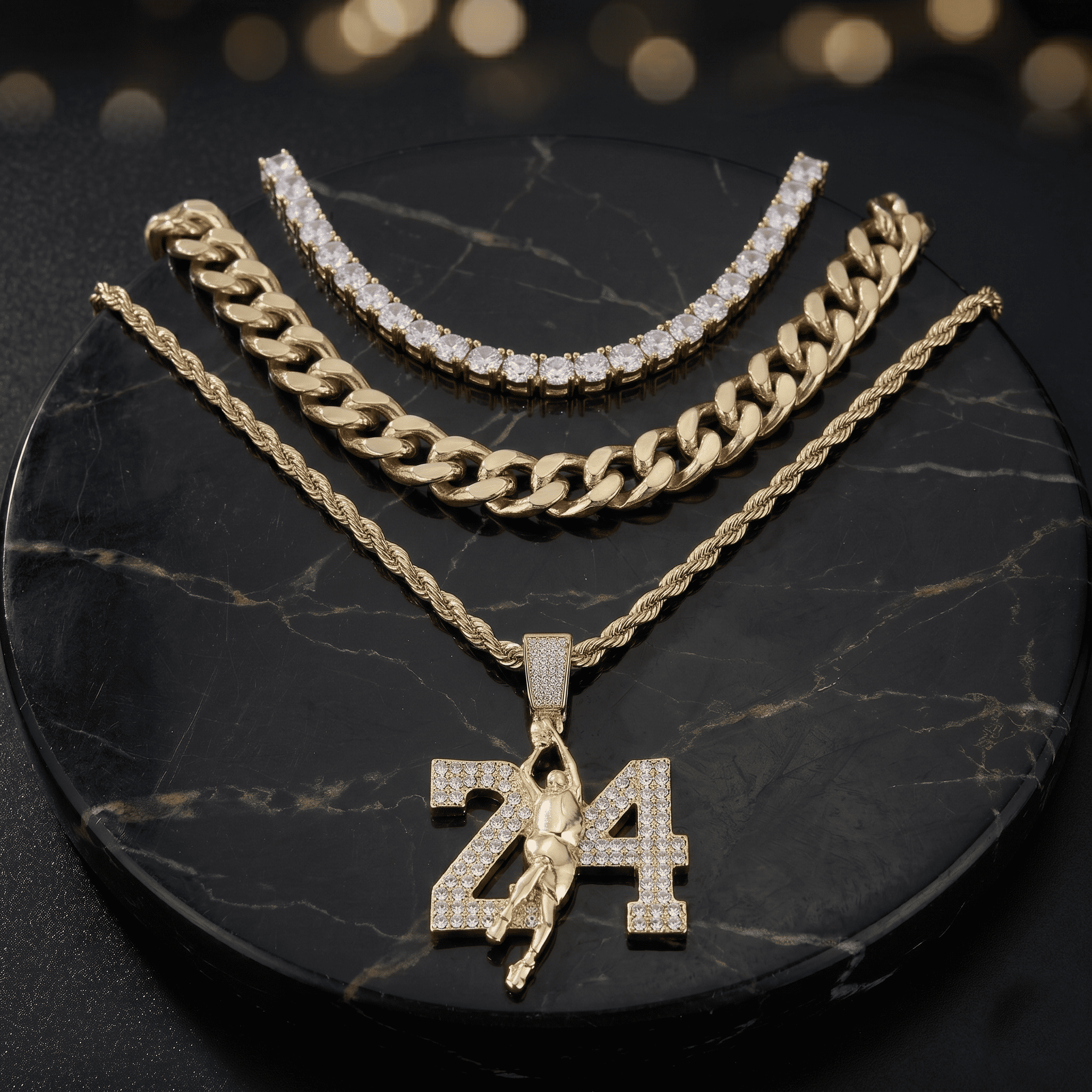 Men's Iced Out Medium 24 Basketball Pendant Necklace Set with Cuban Link & Tennis Chains