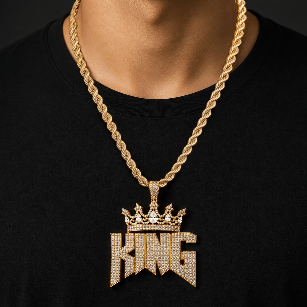 Large Iced Out King Pendant with 8mm Rope Chain
