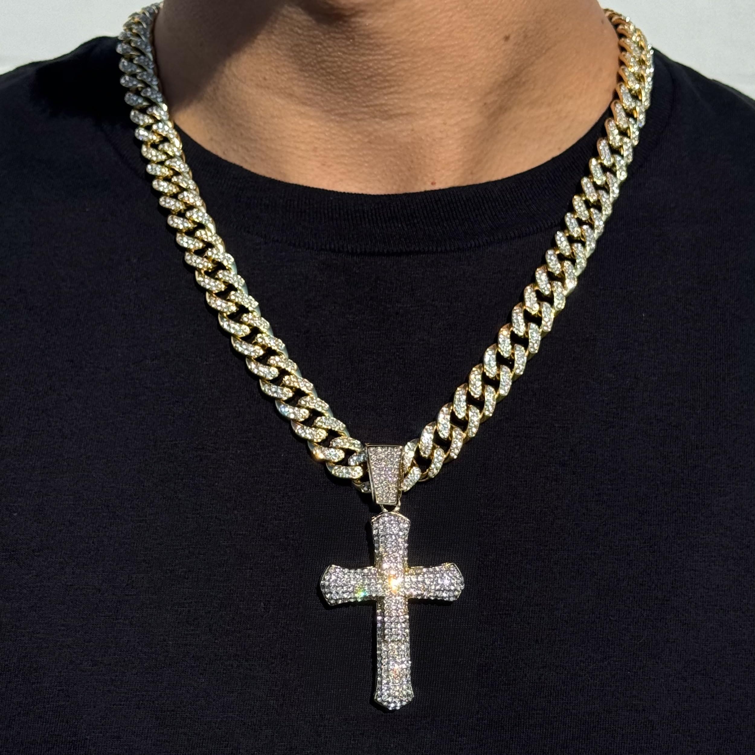 Large Iced Out Cross Pendant with 12mm Cuban Chain