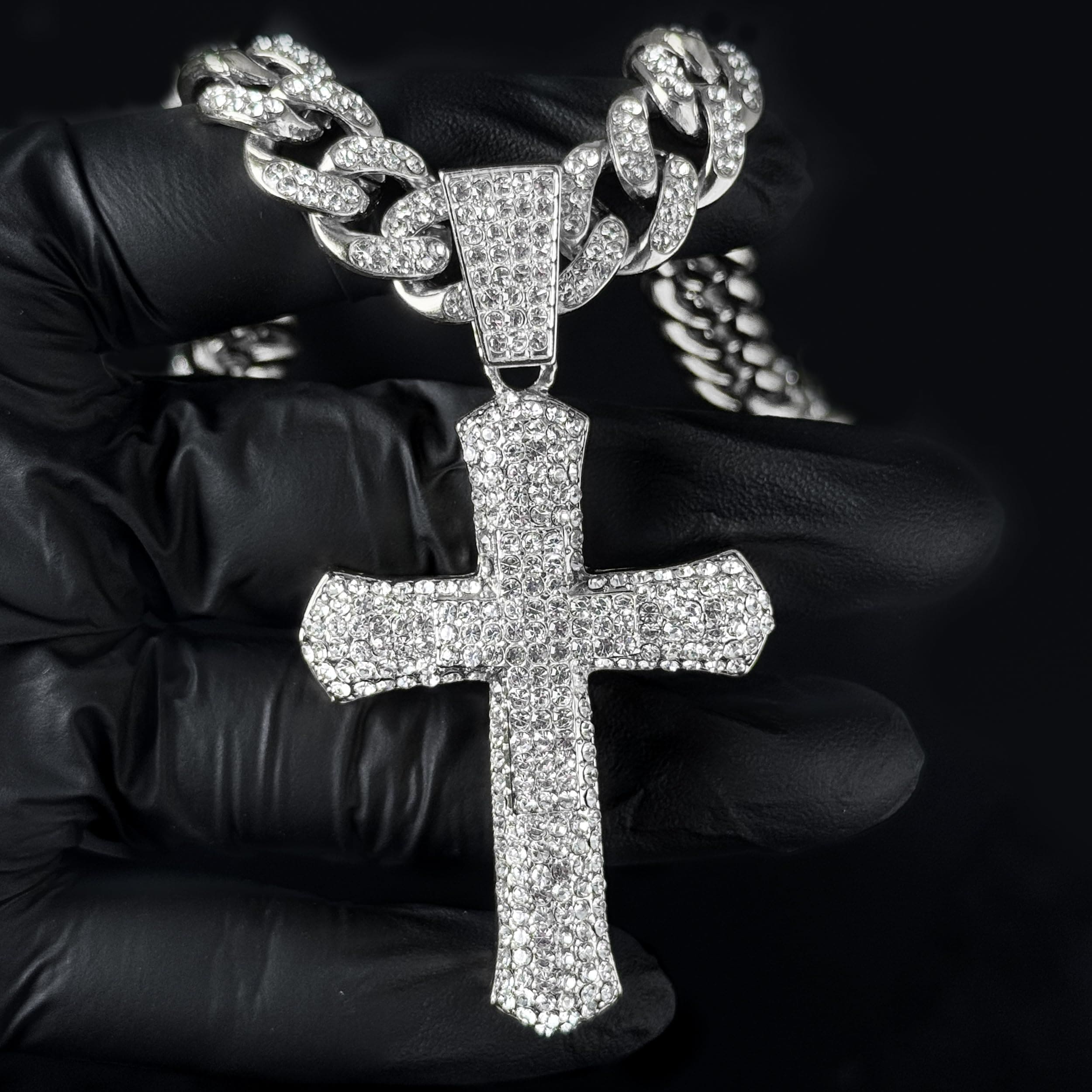 Large Iced Out Cross Pendant with 12mm Cuban Chain