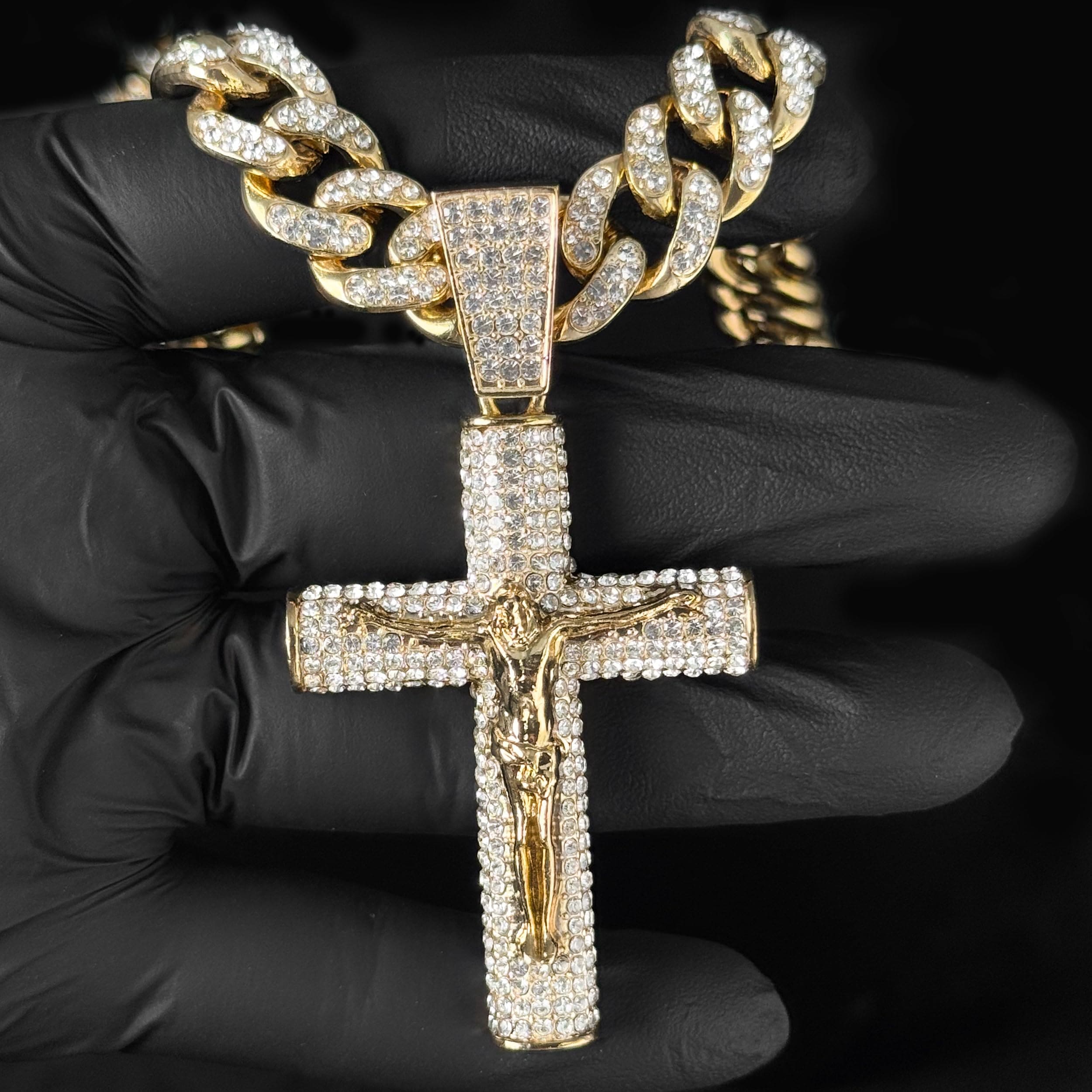 Large Iced Out Cross Pendant with 12mm Cuban Chain