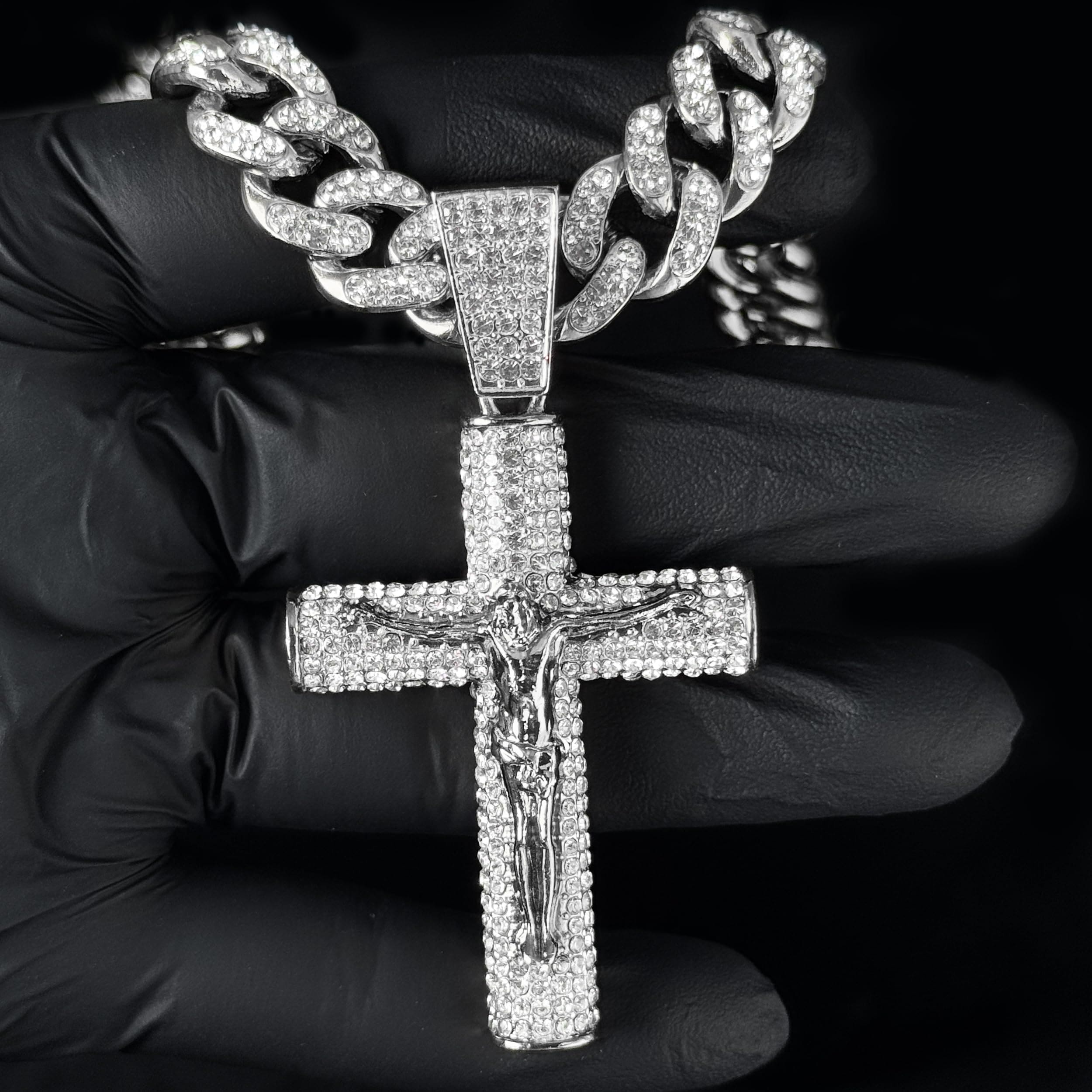 Large Iced Out Cross Pendant with 12mm Cuban Chain