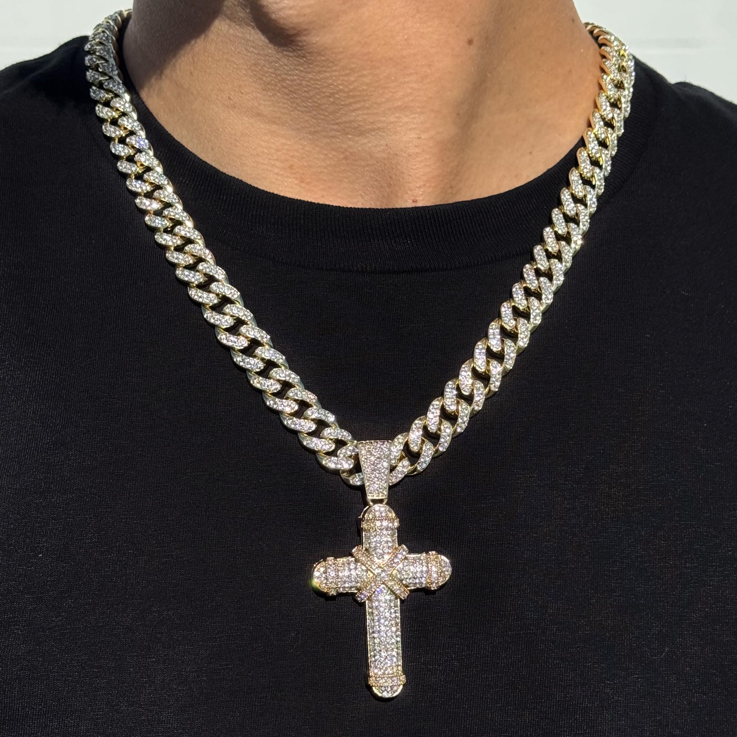 Large Iced Out Cross Pendant with 12mm Cuban Chain