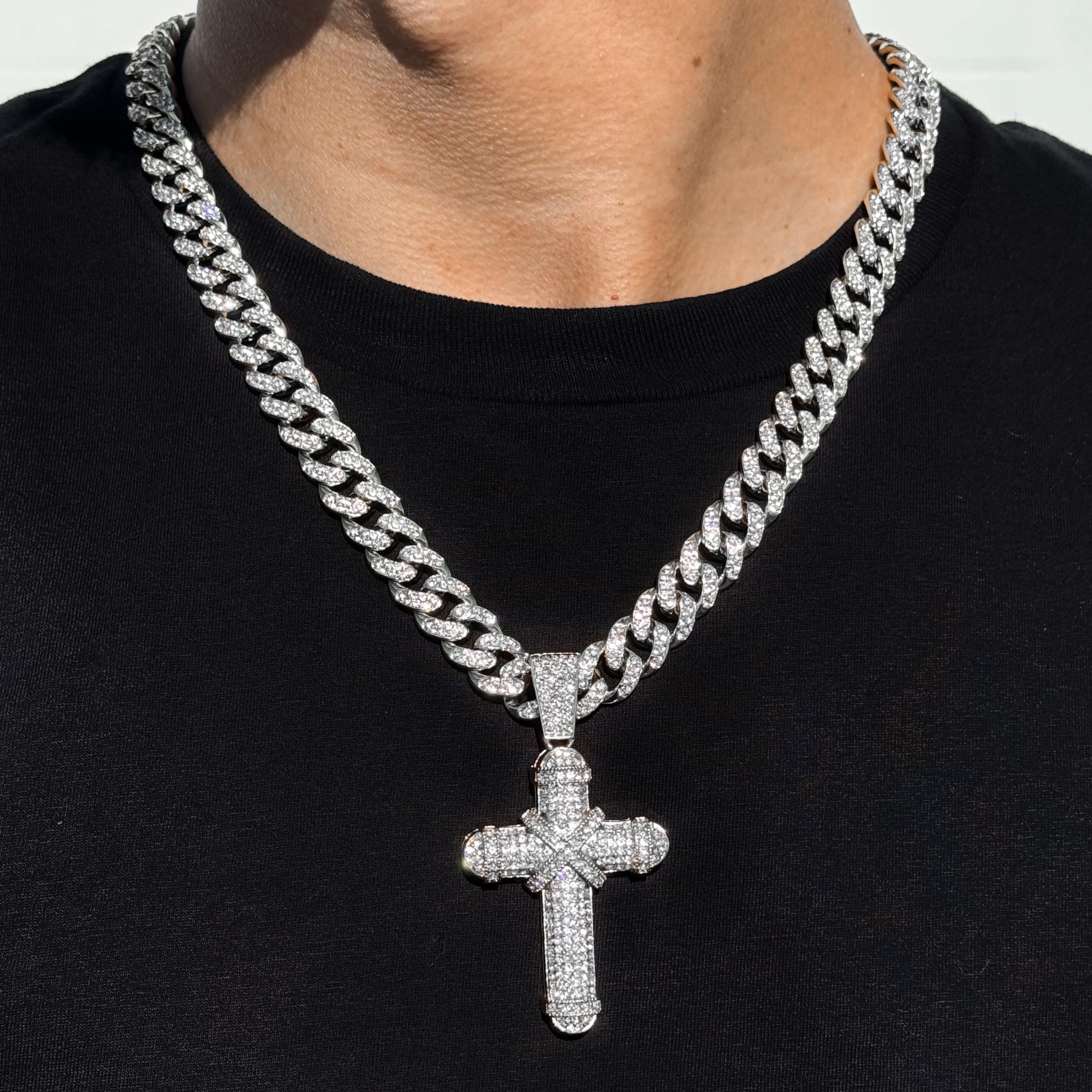 Large Iced Out Cross Pendant with 12mm Cuban Chain