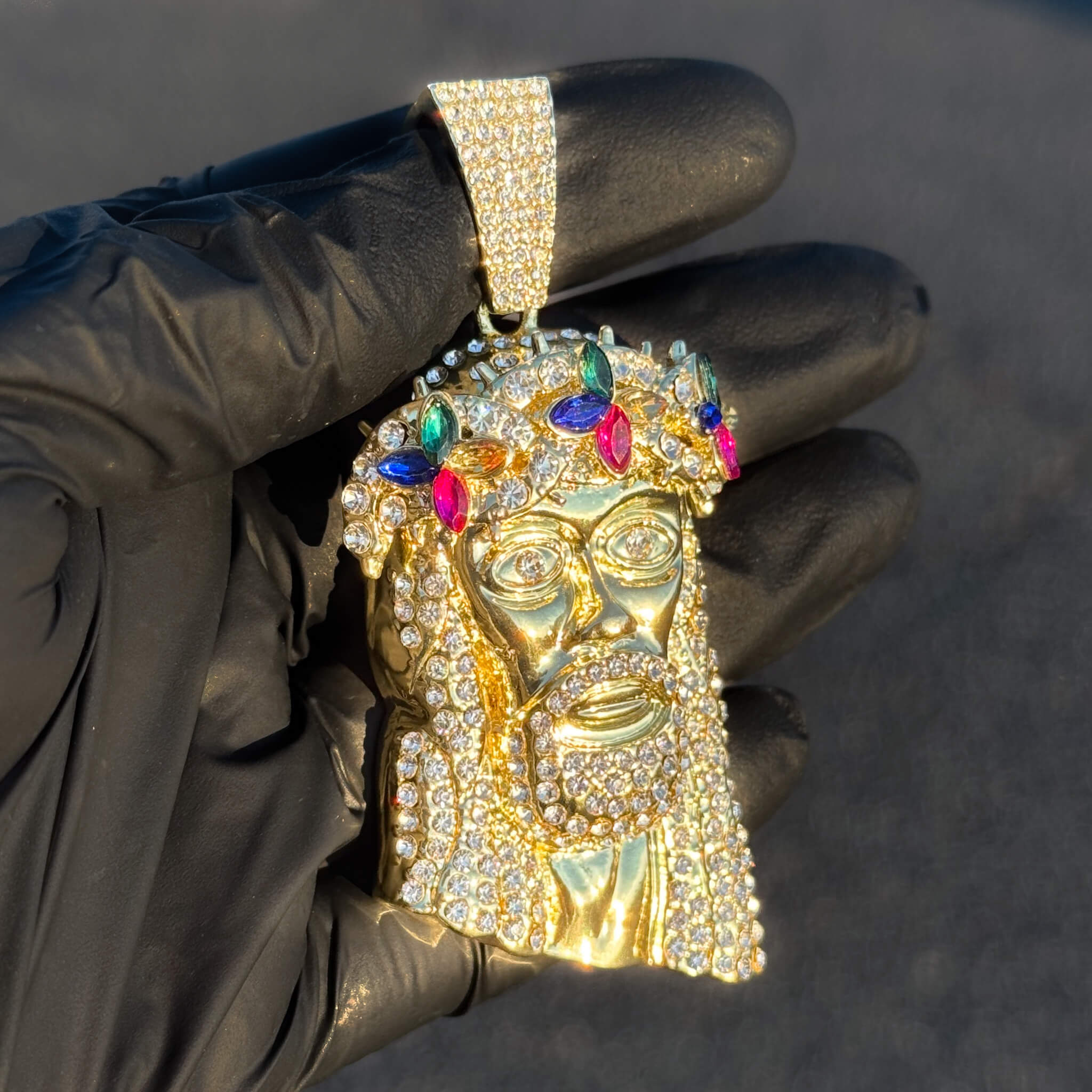 Large Iced Out Jesus Pendant with Multicolor Floral Crown & 8mm Rope Necklace – Bold Religious Jewelry, Gift