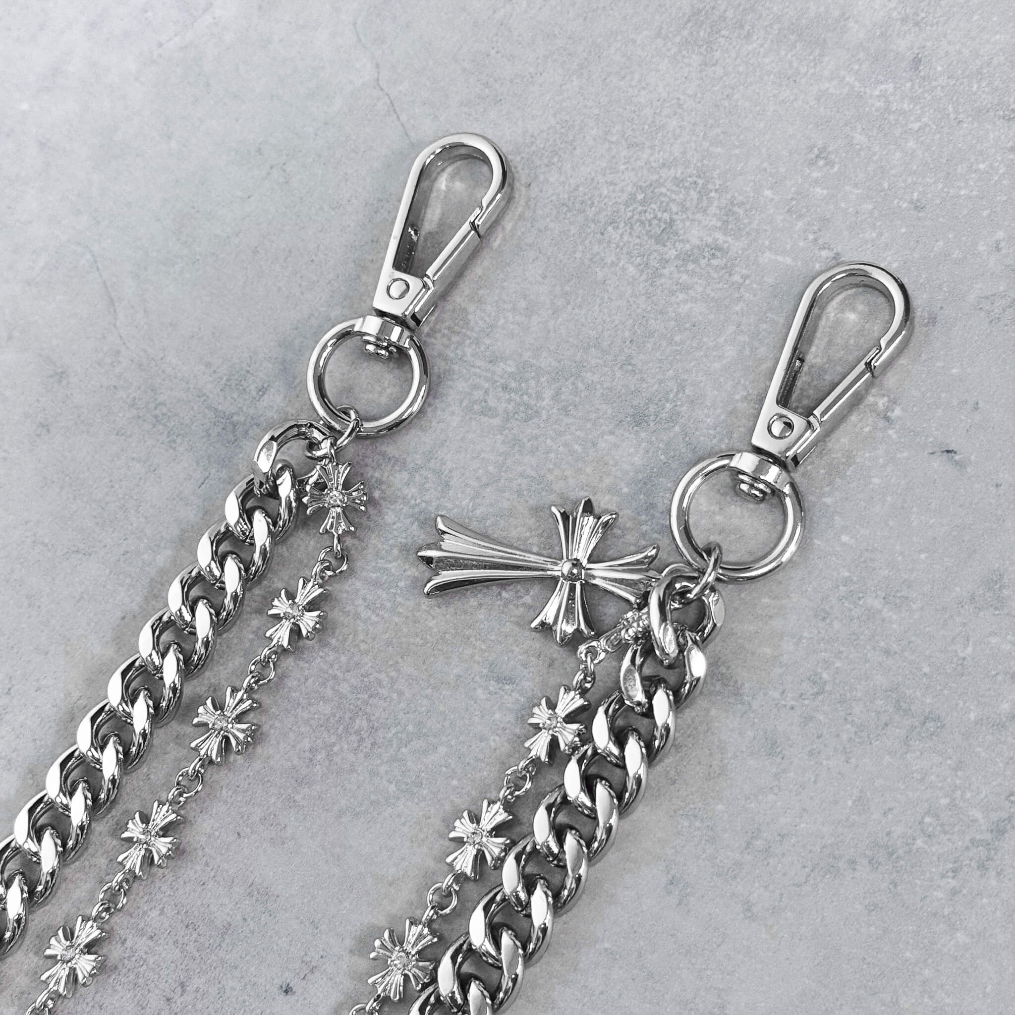 Silver Cross with Cuban Double Link Pant Chain featuring clasp hardware, cross charm.