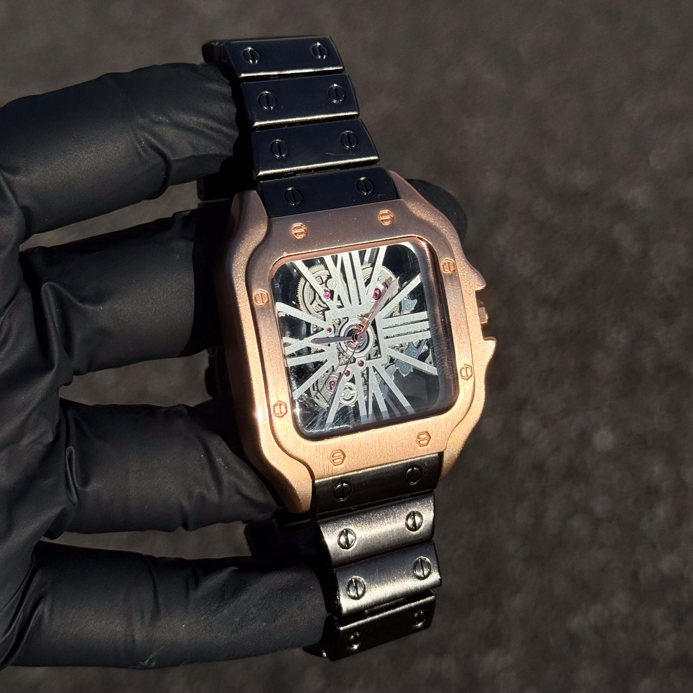 Men's Iced Out Square Watch - 40mm Case with Skeleton Dial - Gun Finish