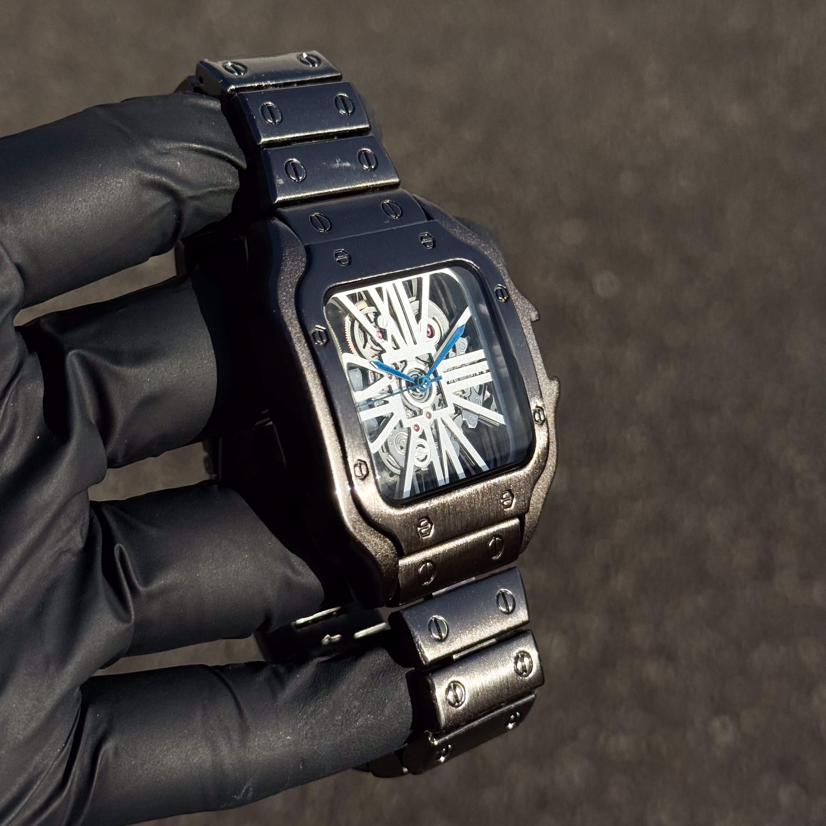 Men's Iced Out Square Watch - 40mm Case with Skeleton Dial - Gun Finish