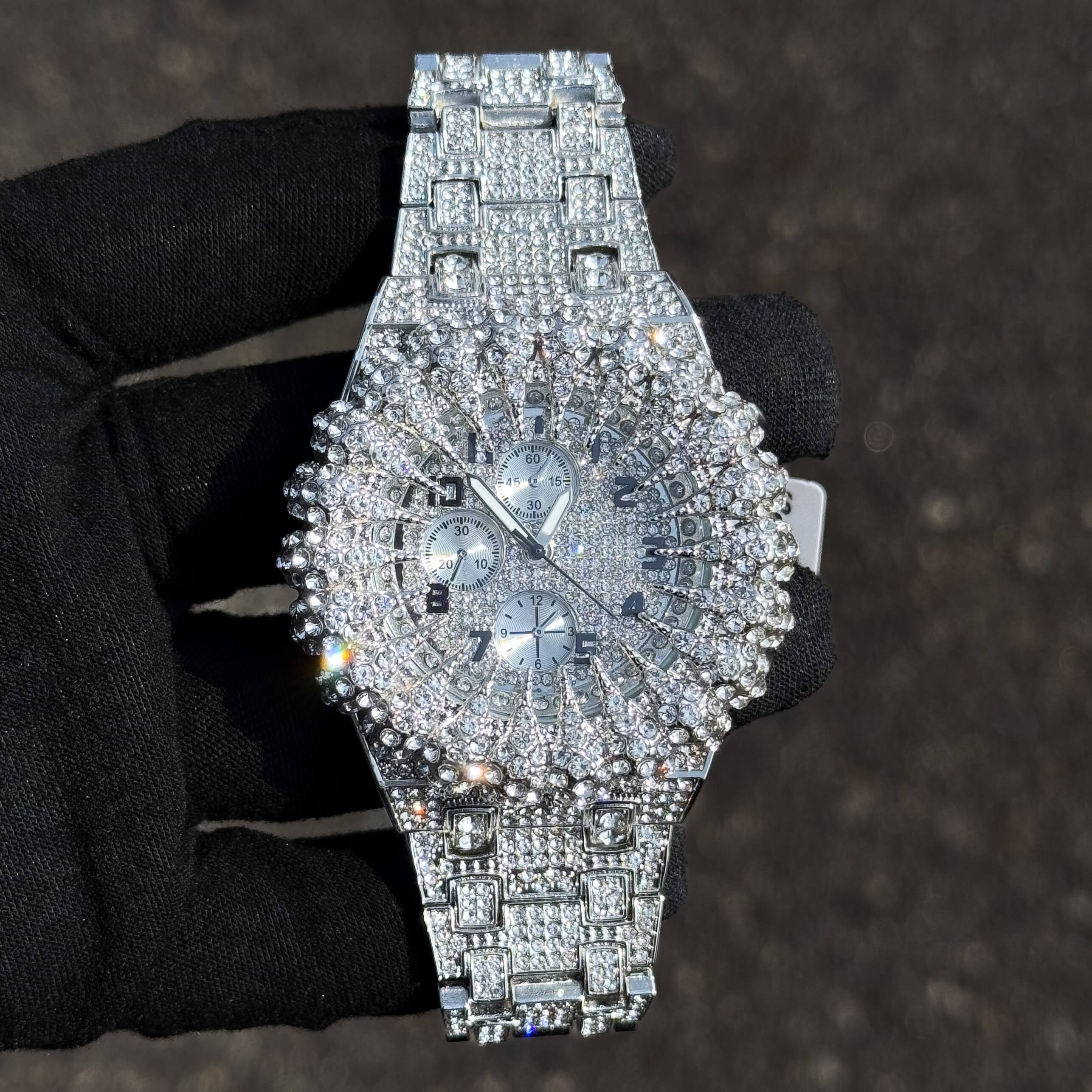 Men's 48mm Iced Out Spike Burst Watch - Metal Band, Quartz Movement