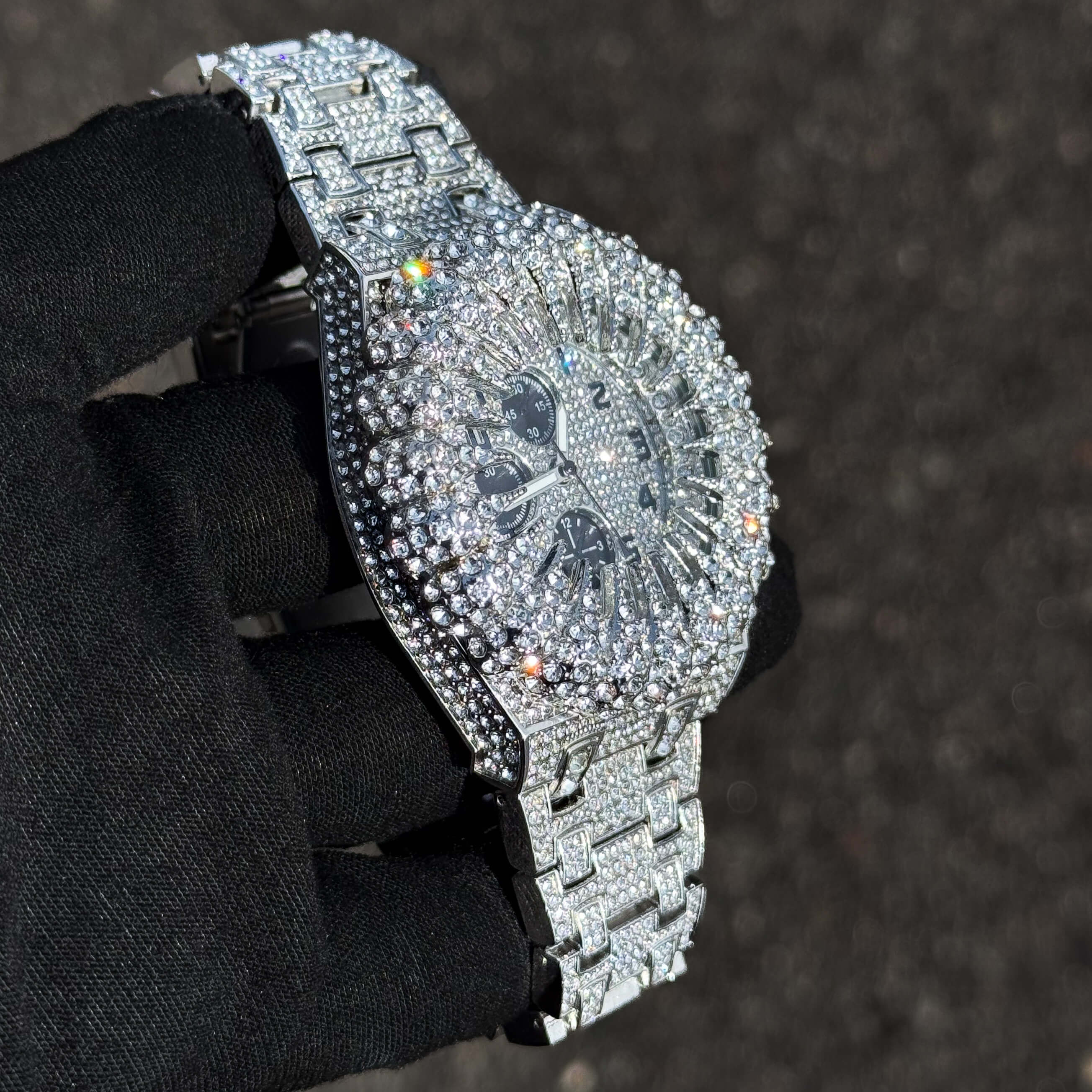 Men's 48mm Iced Out Spike Burst Watch - Metal Band, Quartz Movement
