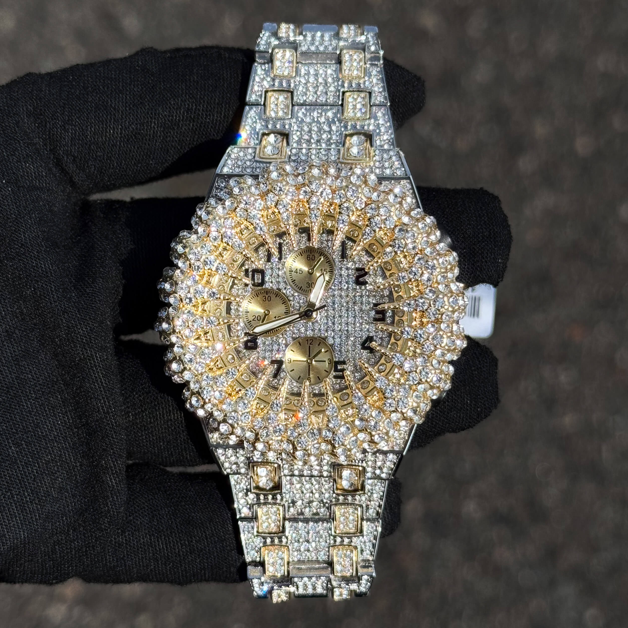 Men's 48mm Iced Out Spike Burst Watch - Metal Band, Quartz Movement