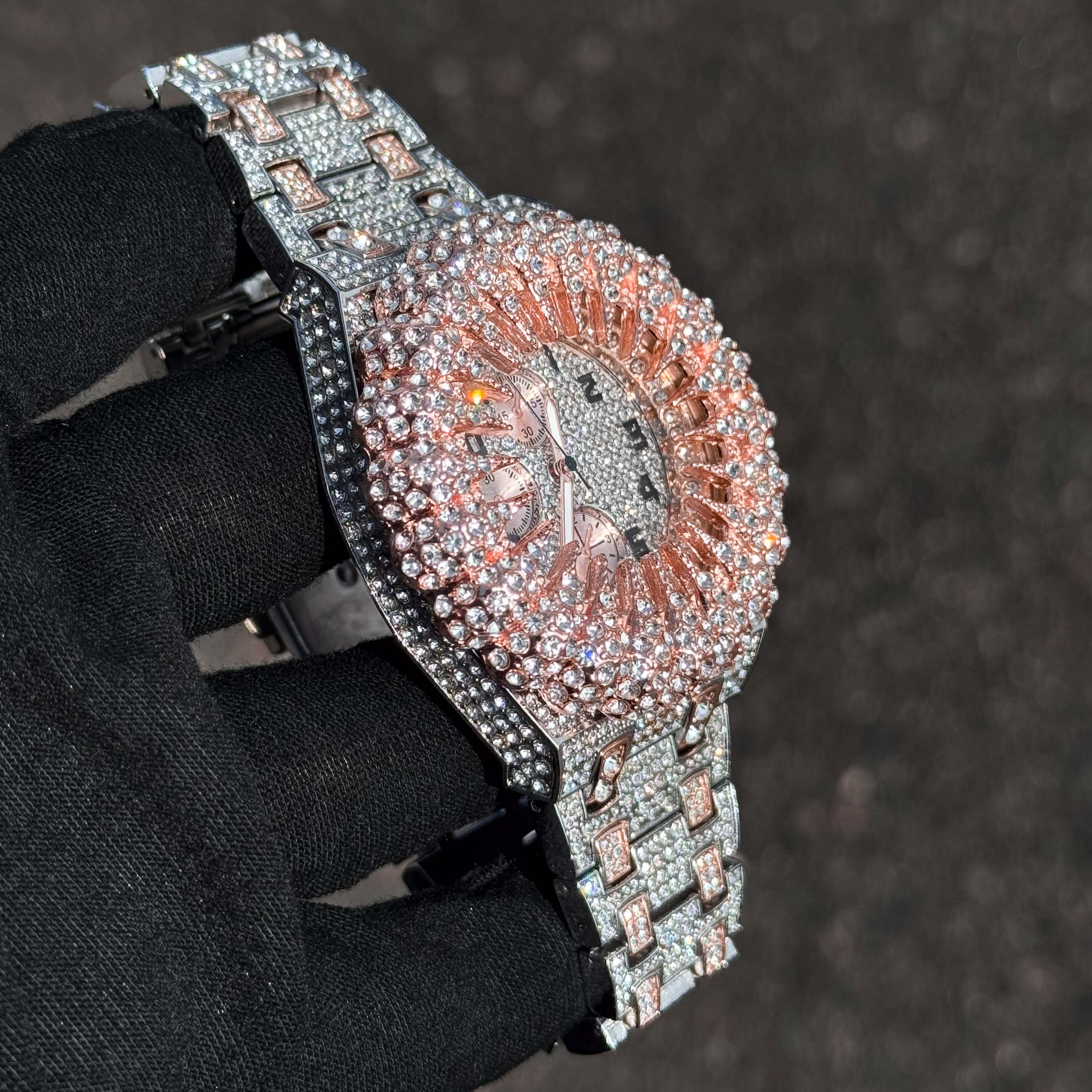 Men's 48mm Iced Out Spike Burst Watch - Metal Band, Quartz Movement