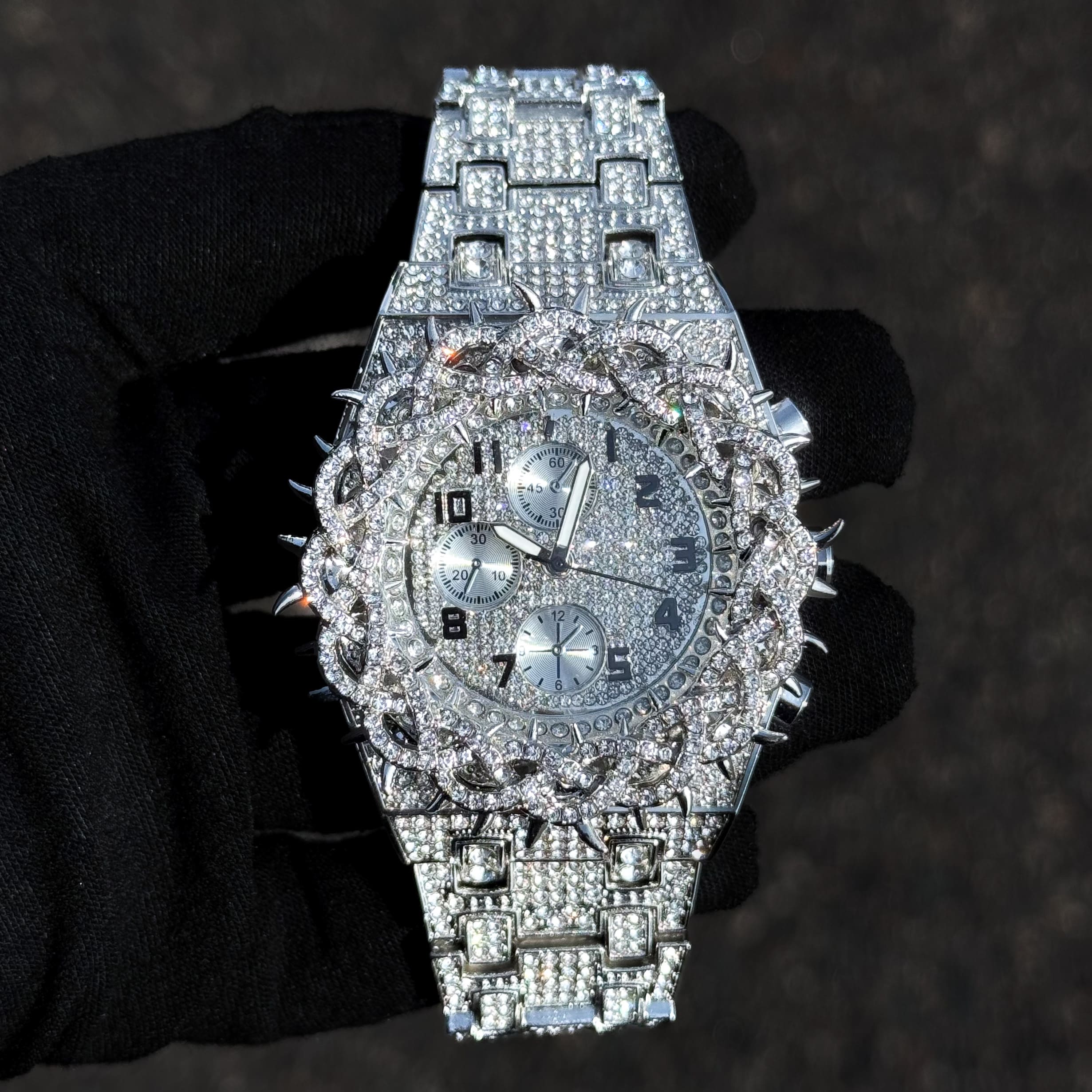 Men's 48mm Fully Iced Out Spike Watch - Metal Band, Quartz Movement