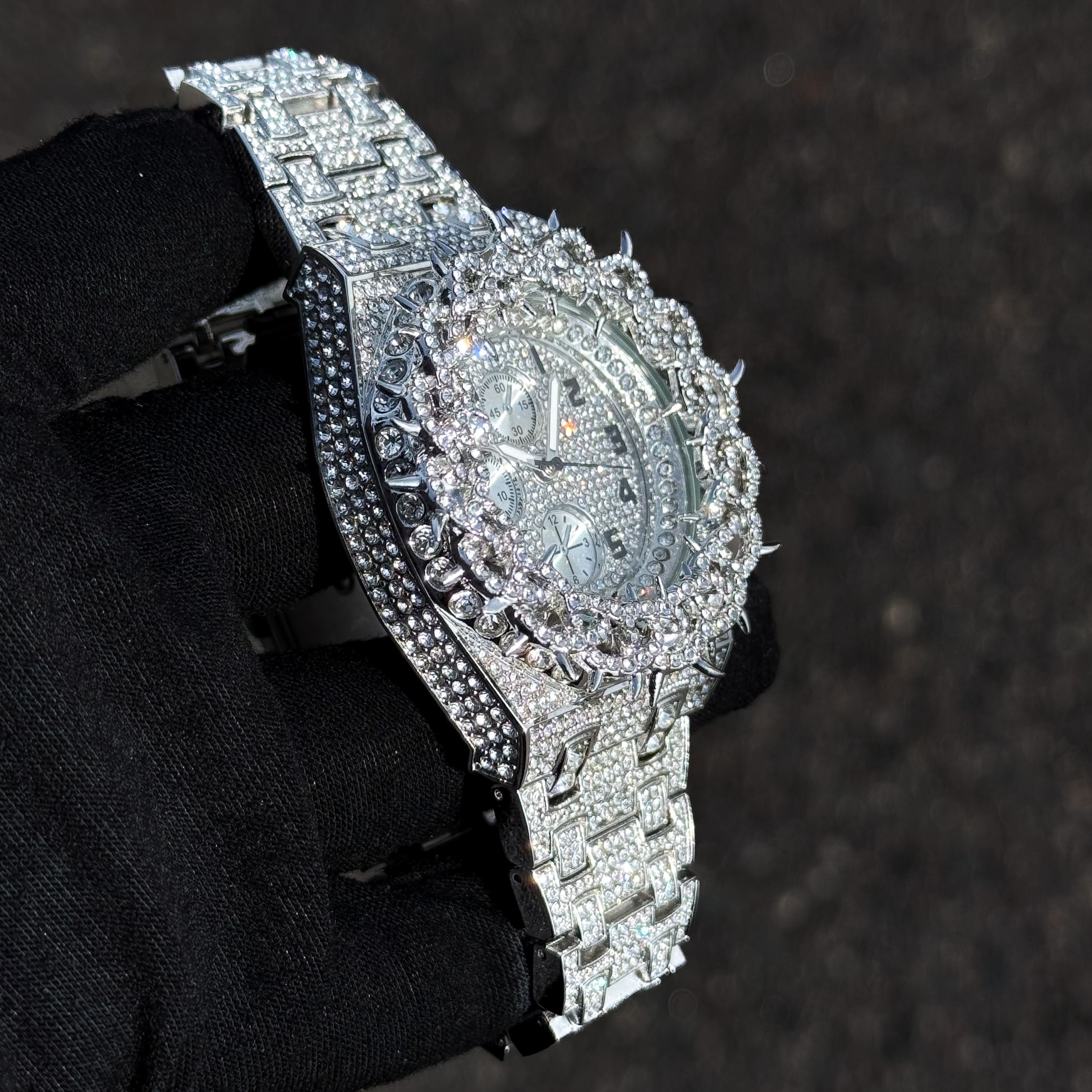 Men's 48mm Fully Iced Out Spike Watch - Metal Band, Quartz Movement
