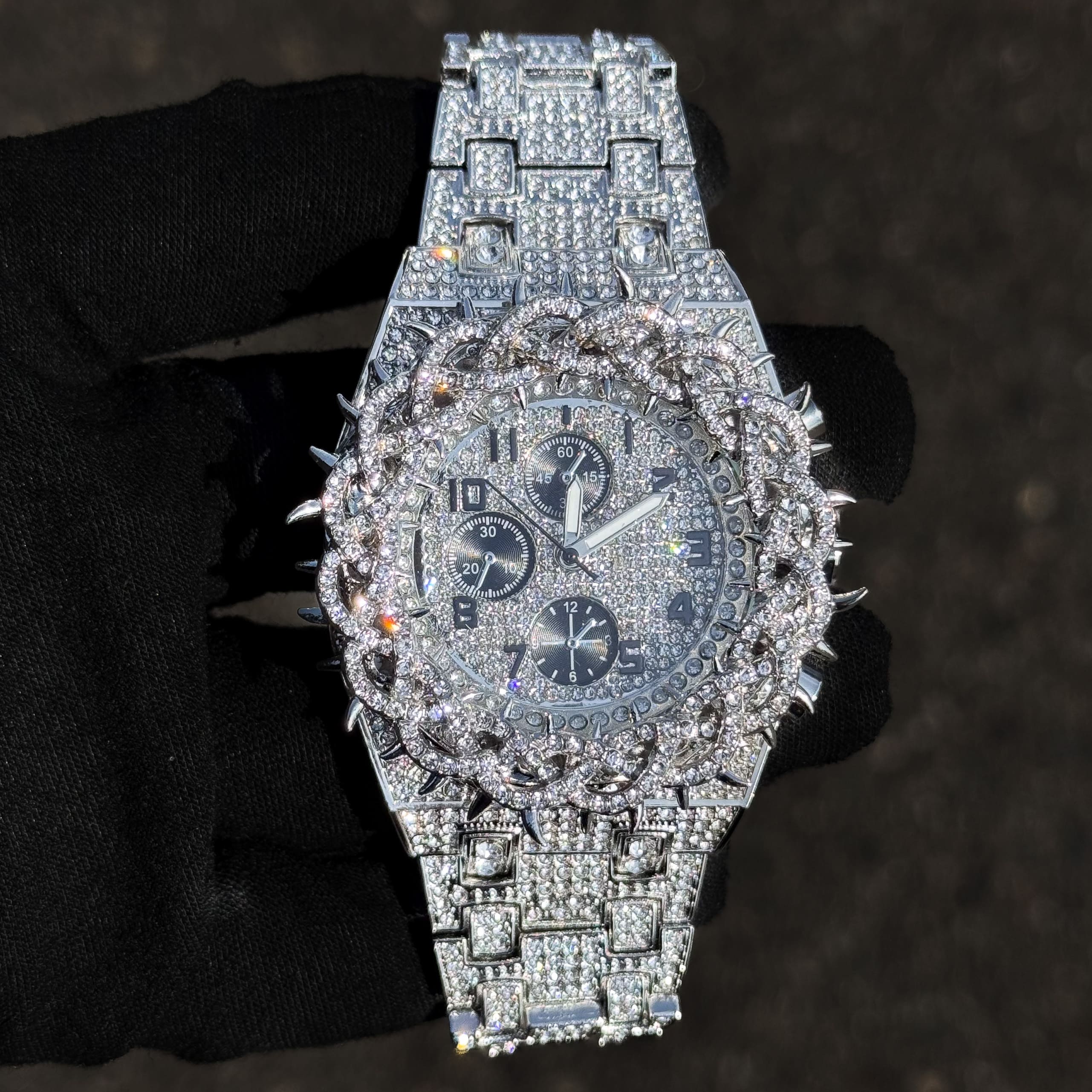 Men's 48mm Fully Iced Out Spike Watch - Metal Band, Quartz Movement