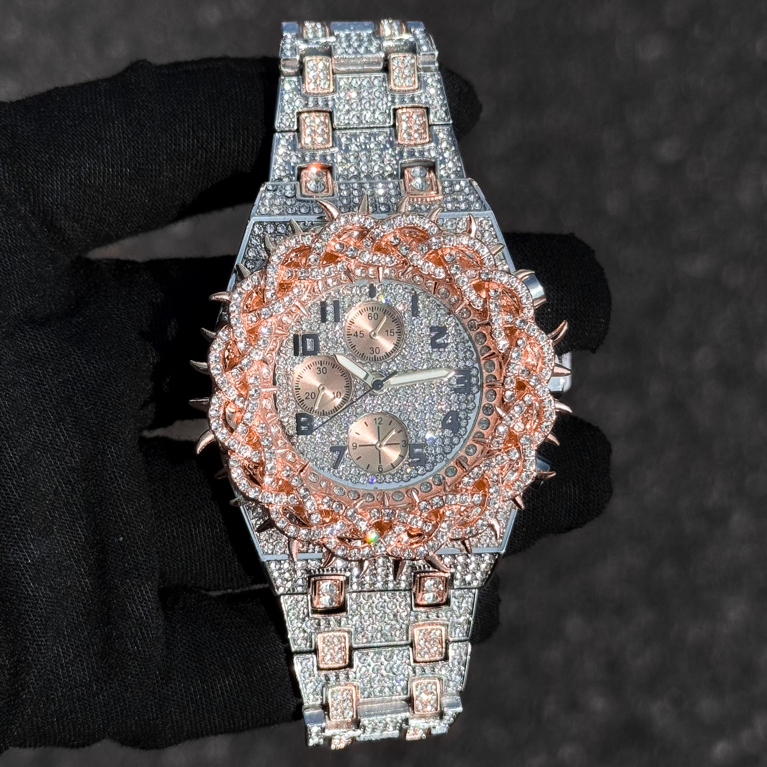 Men's 48mm Fully Iced Out Spike Watch - Metal Band, Quartz Movement