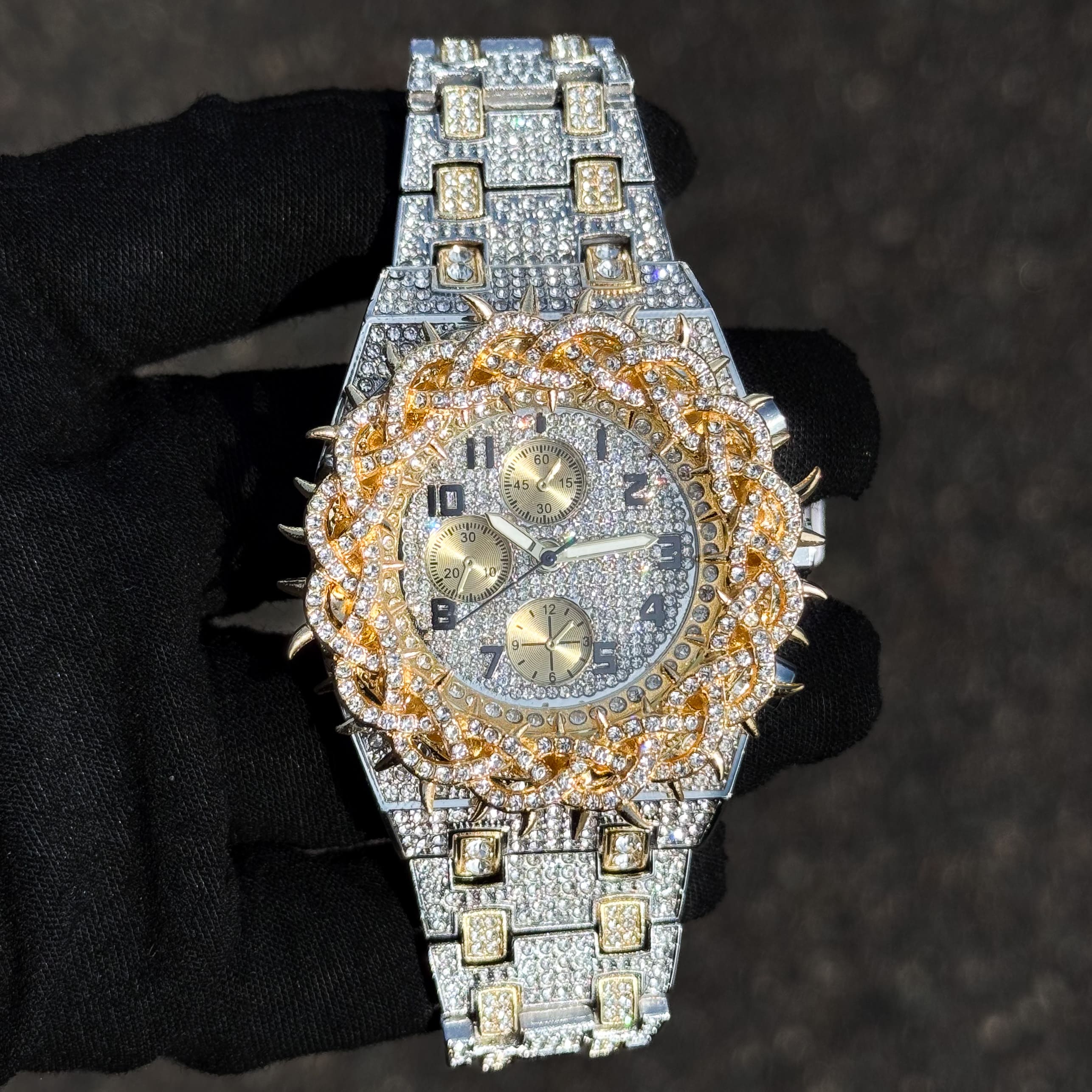 Men's 48mm Fully Iced Out Spike Watch - Metal Band, Quartz Movement