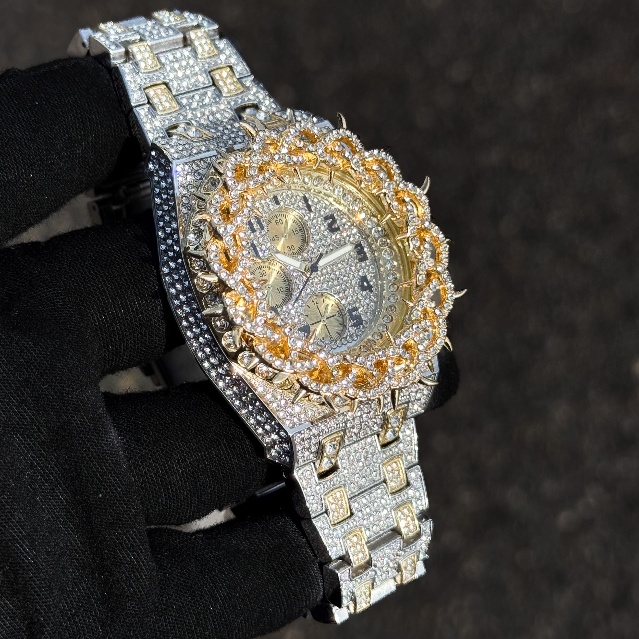 Men's 48mm Fully Iced Out Spike Watch - Metal Band, Quartz Movement