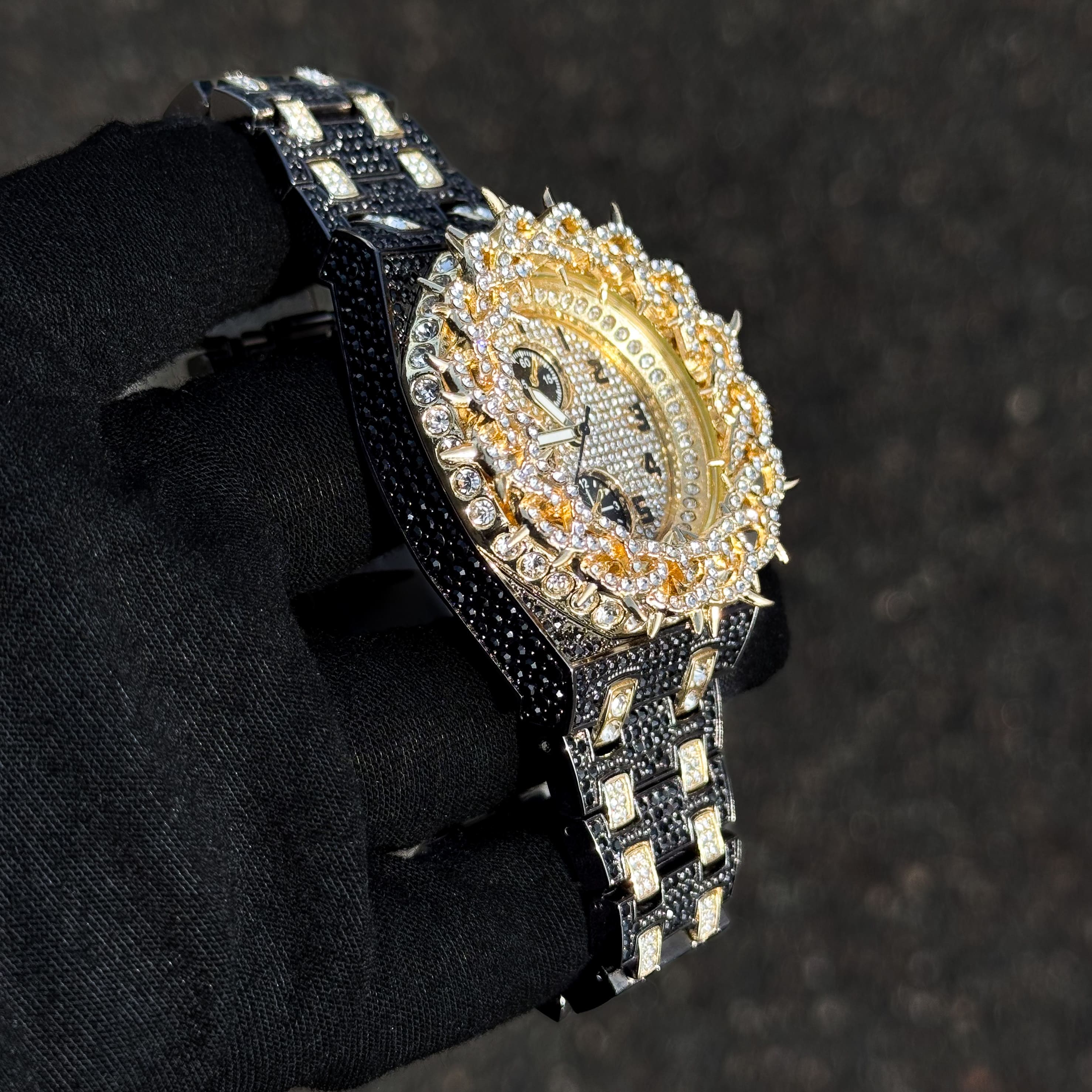 Men's 48mm Fully Iced Out Spike Watch - Metal Band, Quartz Movement