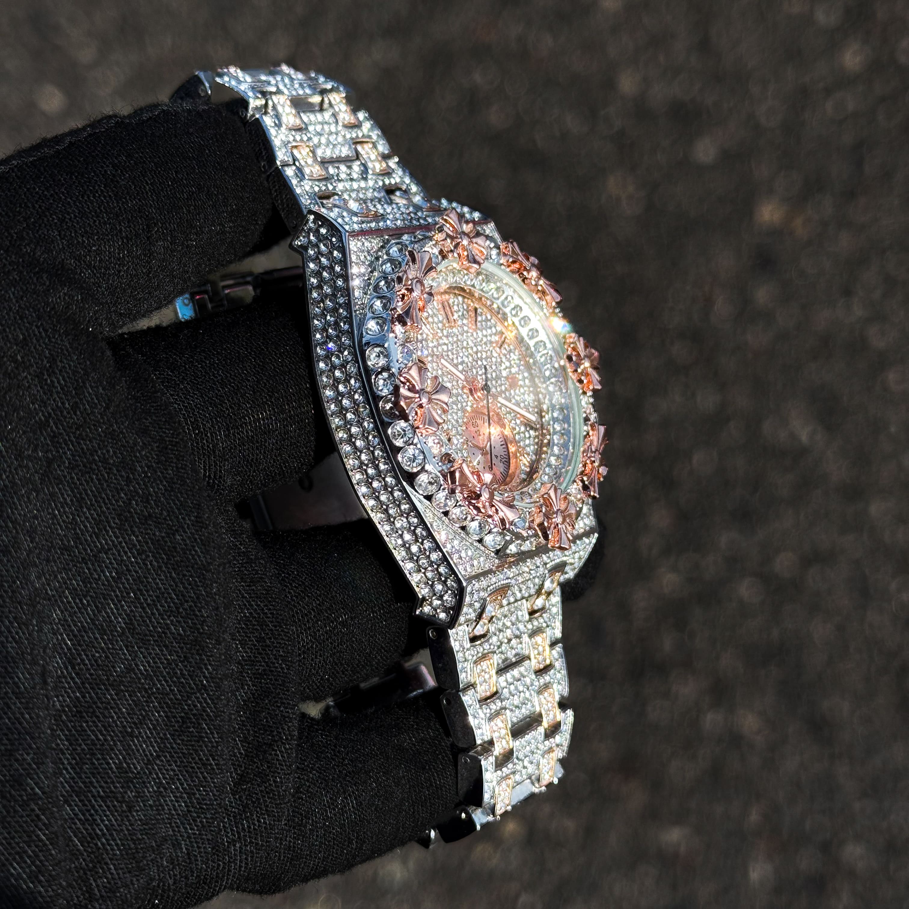 Men's 44mm Iced Out Cross Bezel Watch - Metal Band, Quartz Movement