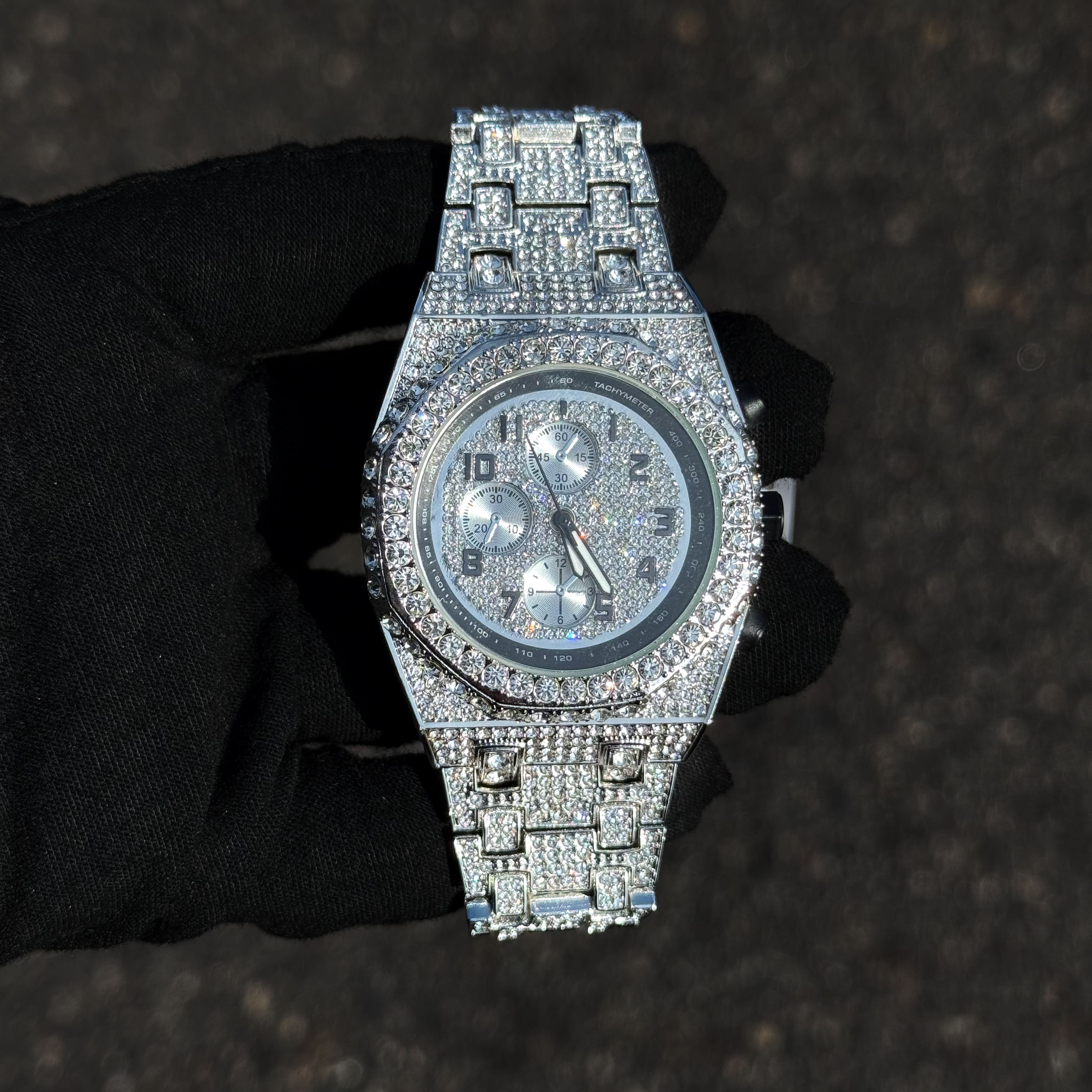 Men's 42mm Iced Out Octagon Watch - Metal Band, Quartz Movement