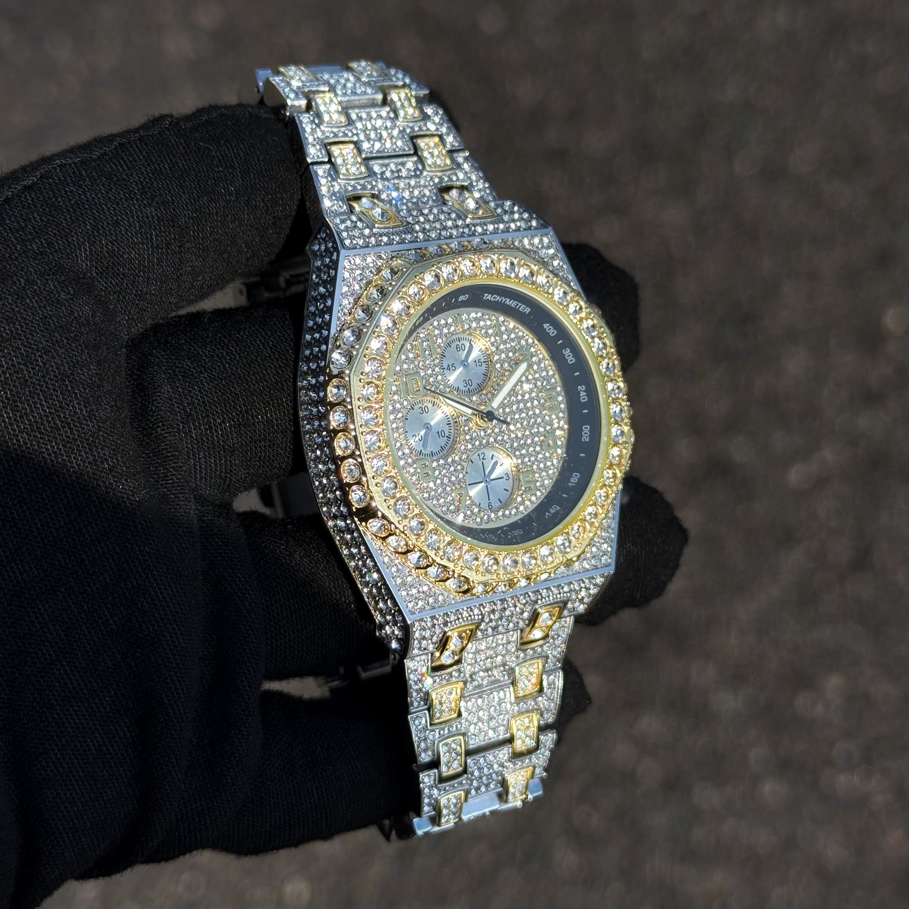Men's 42mm Iced Out Octagon Watch - Metal Band, Quartz Movement