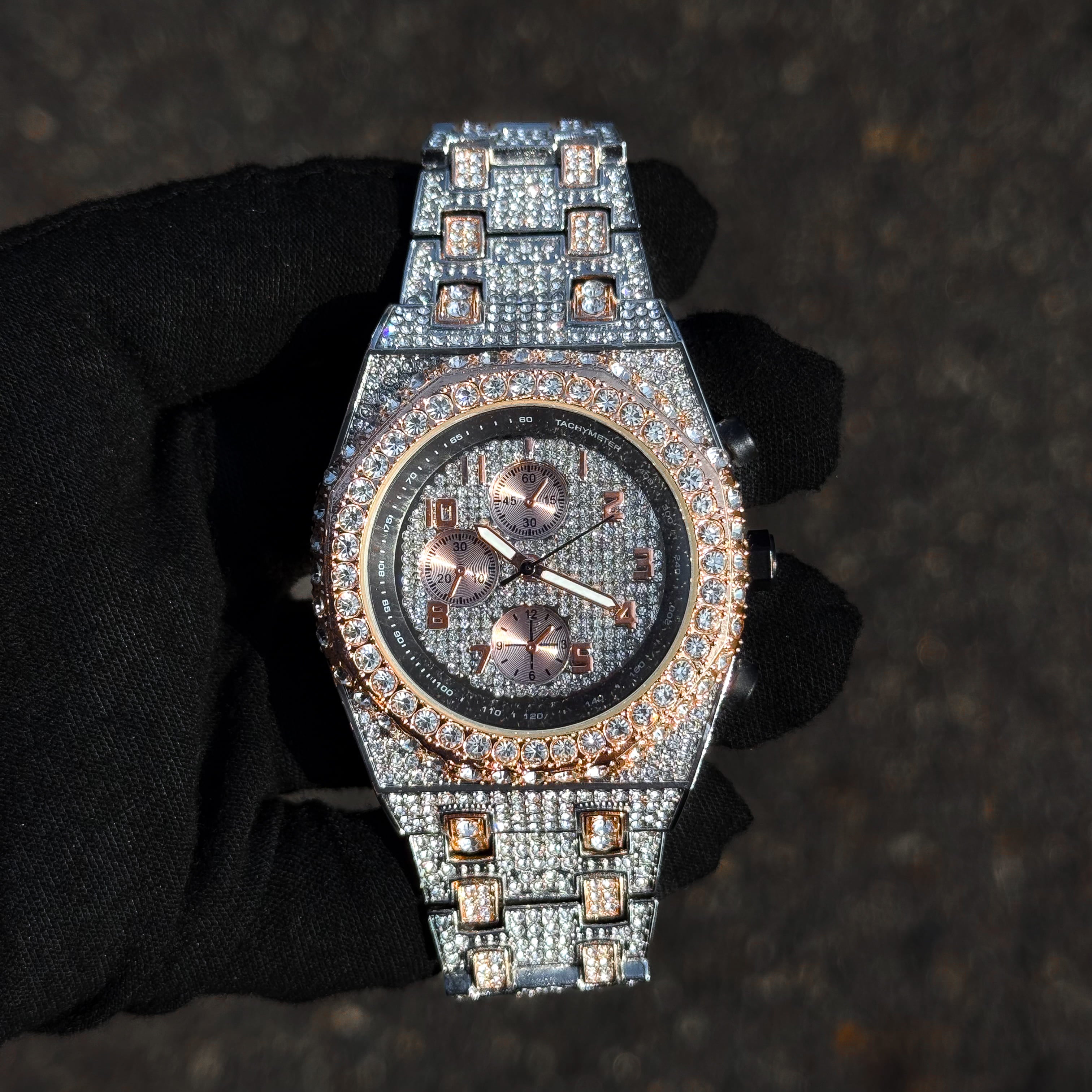Men's 42mm Iced Out Octagon Watch - Metal Band, Quartz Movement