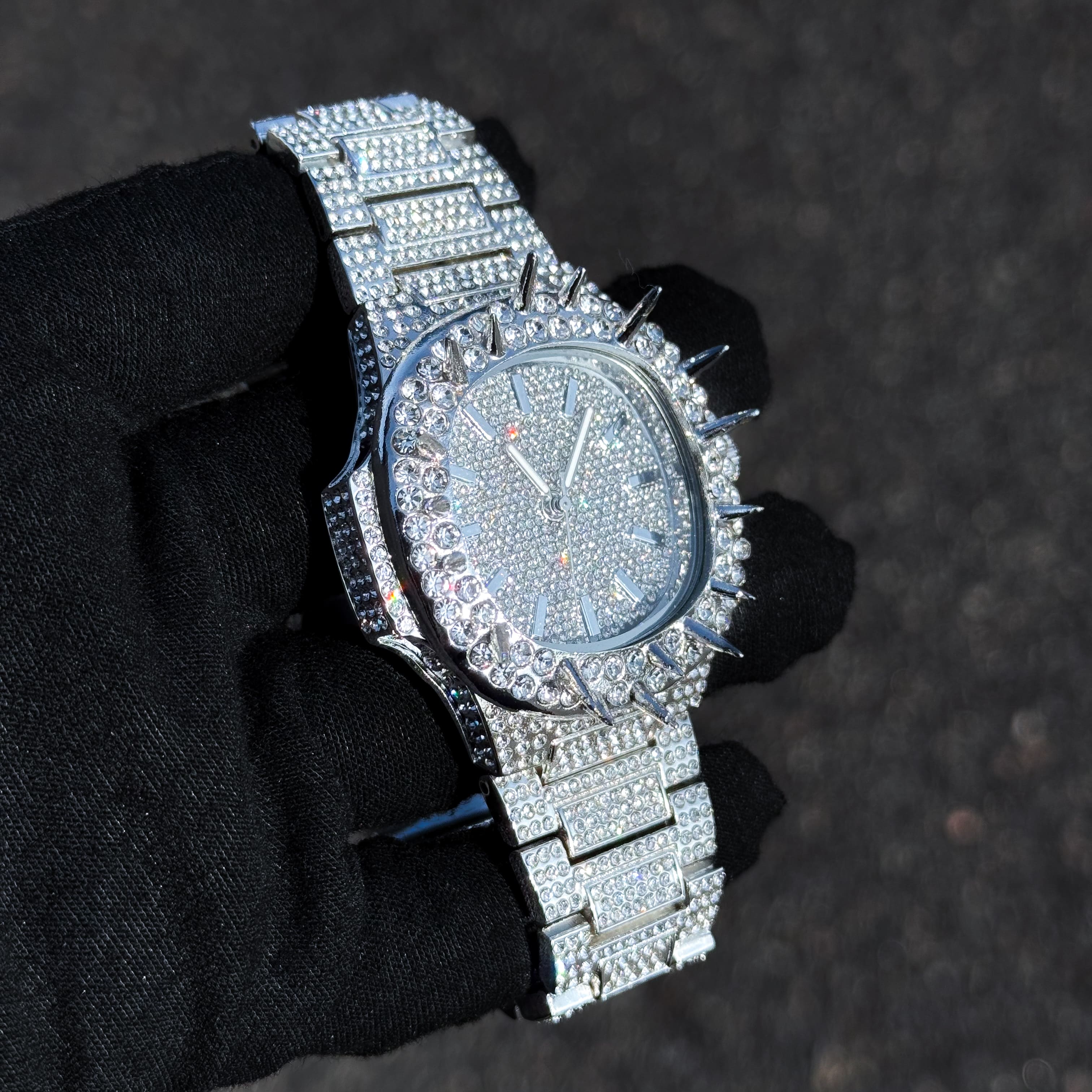 Men's 42mm Iced Out Spike Watch - Metal Band, Quartz Movement