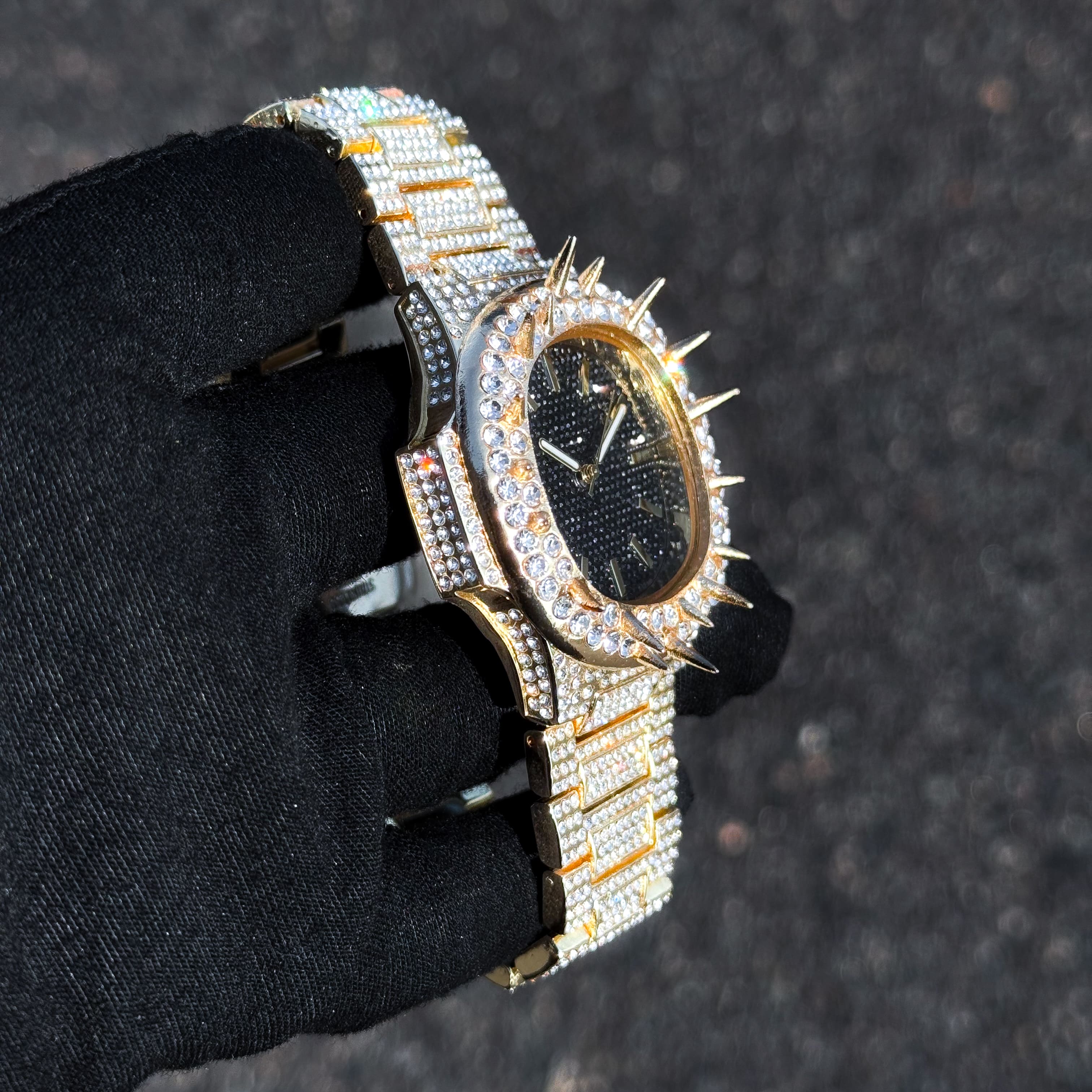 Men's 42mm Iced Out Spike Watch - Metal Band, Quartz Movement