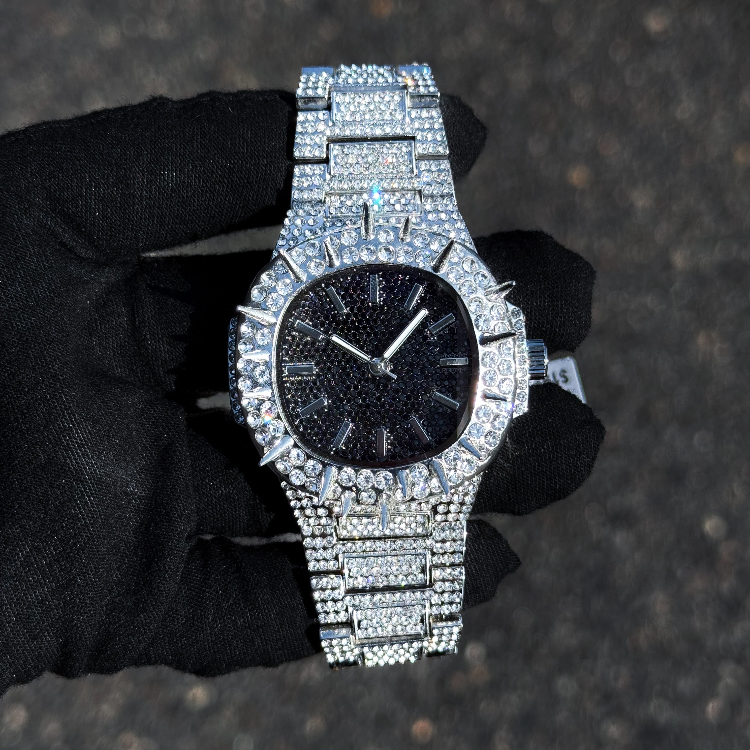 Men's 42mm Iced Out Spike Watch - Metal Band, Quartz Movement