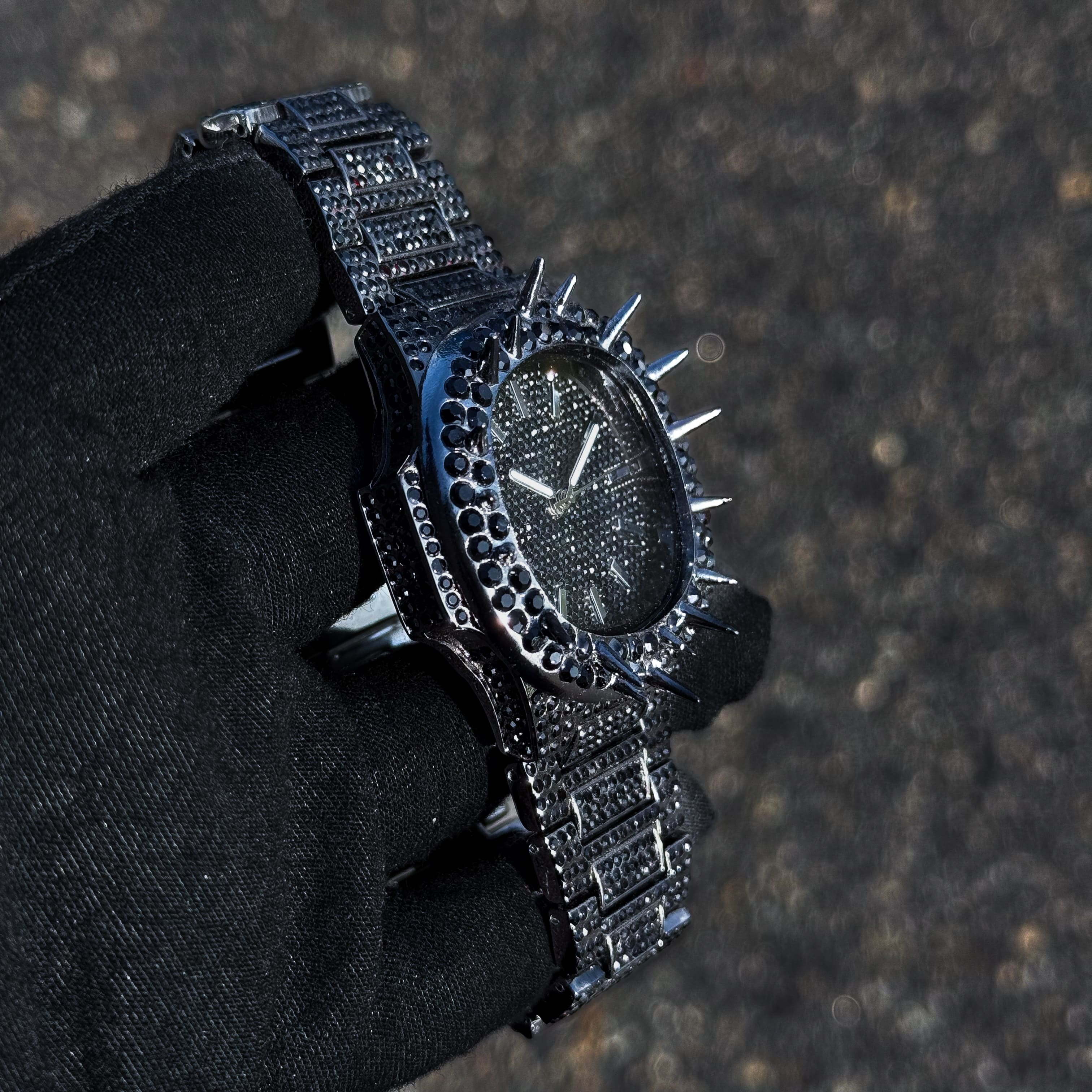 Men's 42mm Iced Out Spike Watch - Metal Band, Quartz Movement
