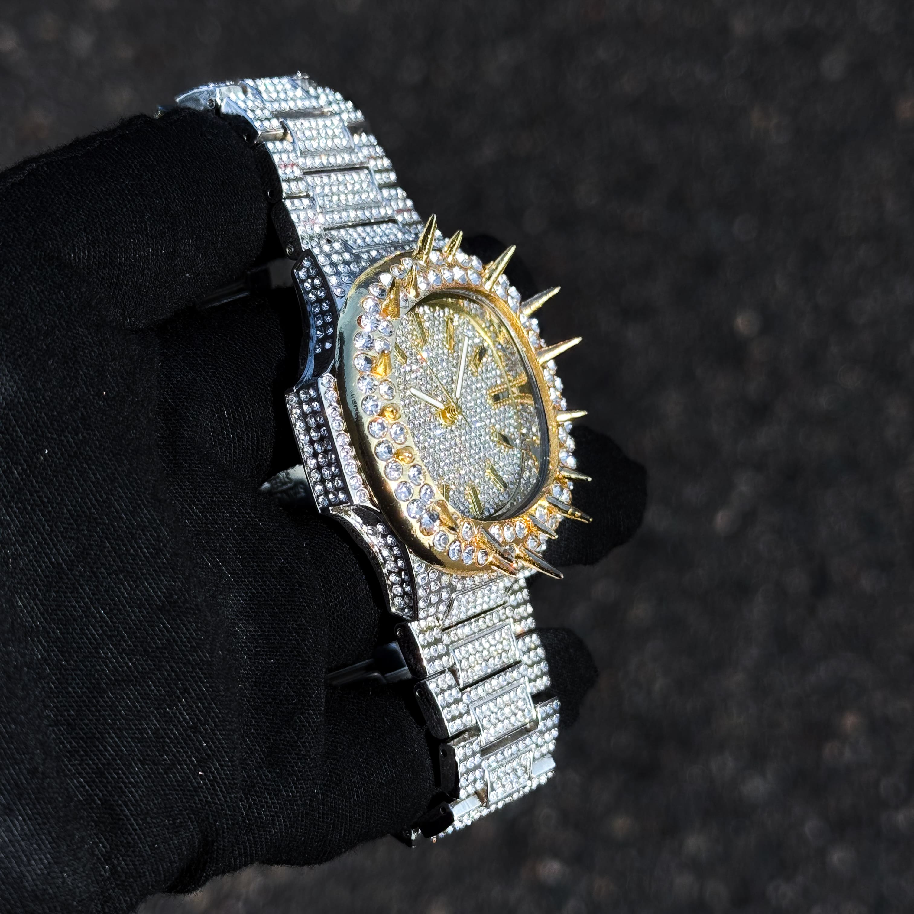 Men's 42mm Iced Out Spike Watch - Metal Band, Quartz Movement