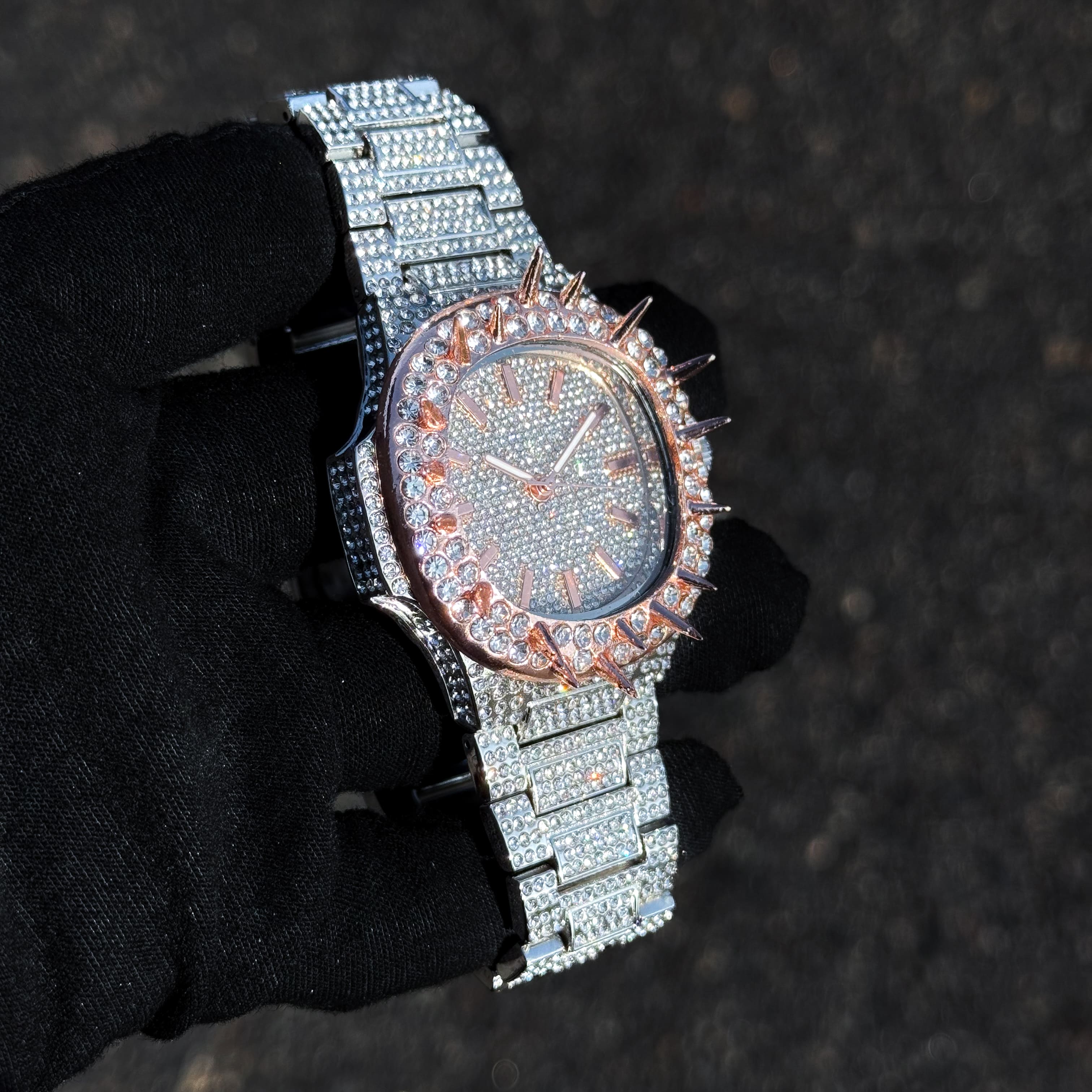 Men's 42mm Iced Out Spike Watch - Metal Band, Quartz Movement