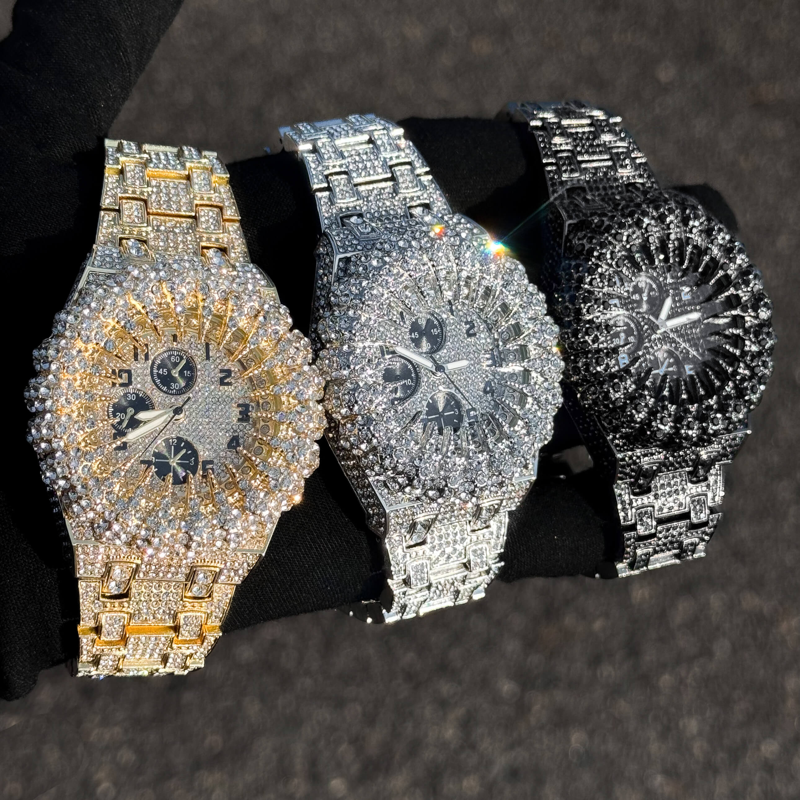 Men's 48mm Iced Out Spike Burst Watch - Metal Band, Quartz Movement