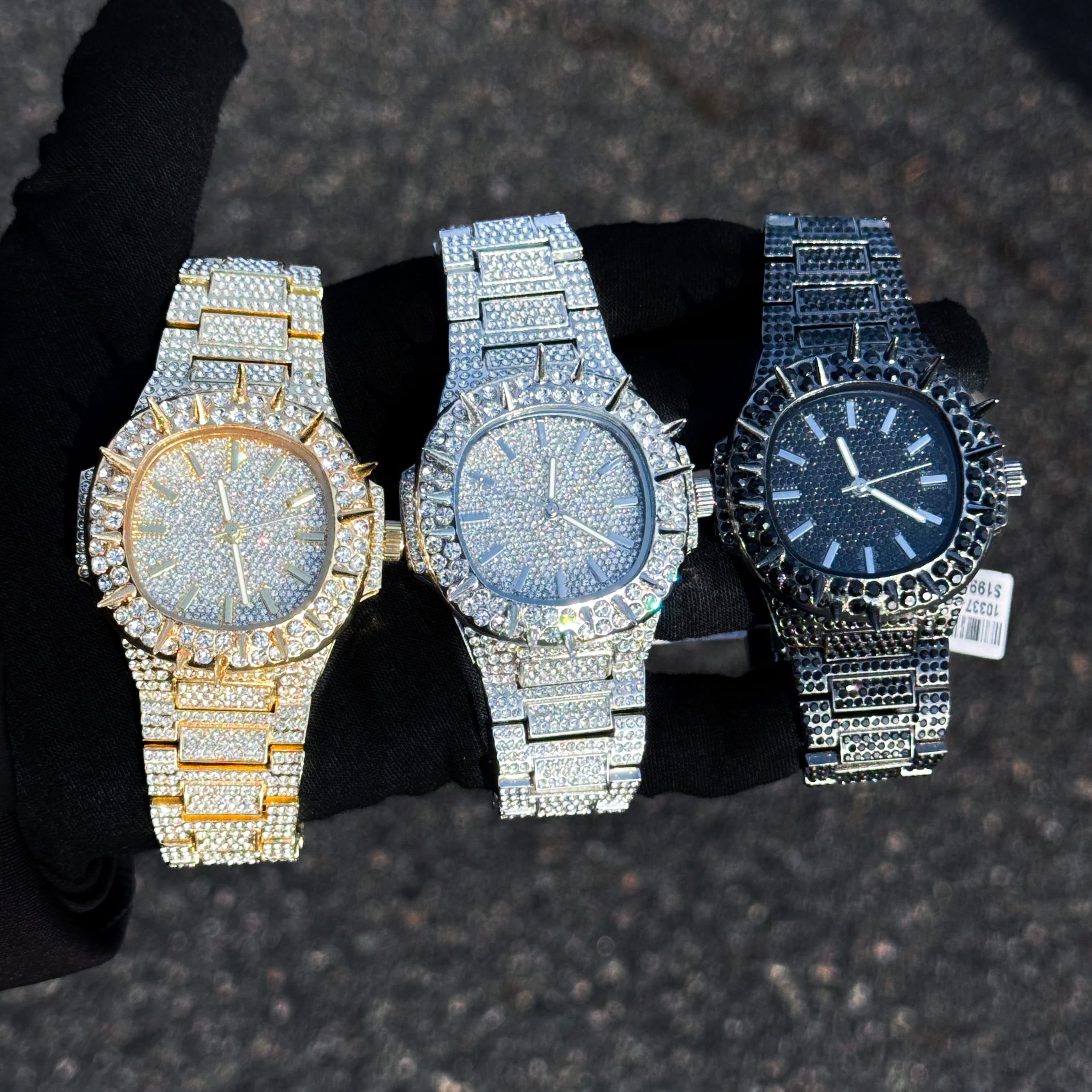 Men's 42mm Iced Out Spike Watch - Metal Band, Quartz Movement