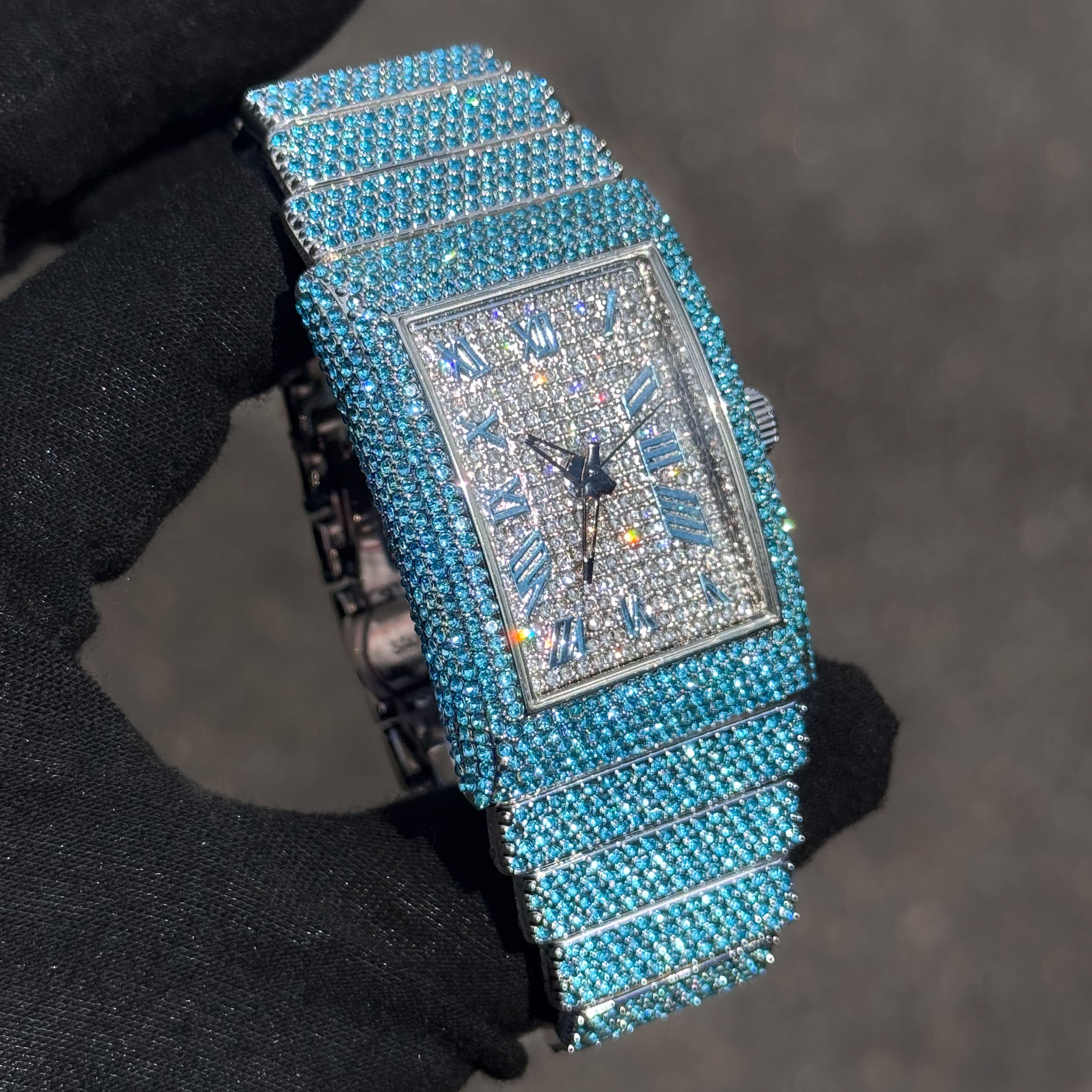 Women's 33mm Iced Diamond Watch: End-to-end Fully Iced Out Band with Brilliant Colorful Crystals