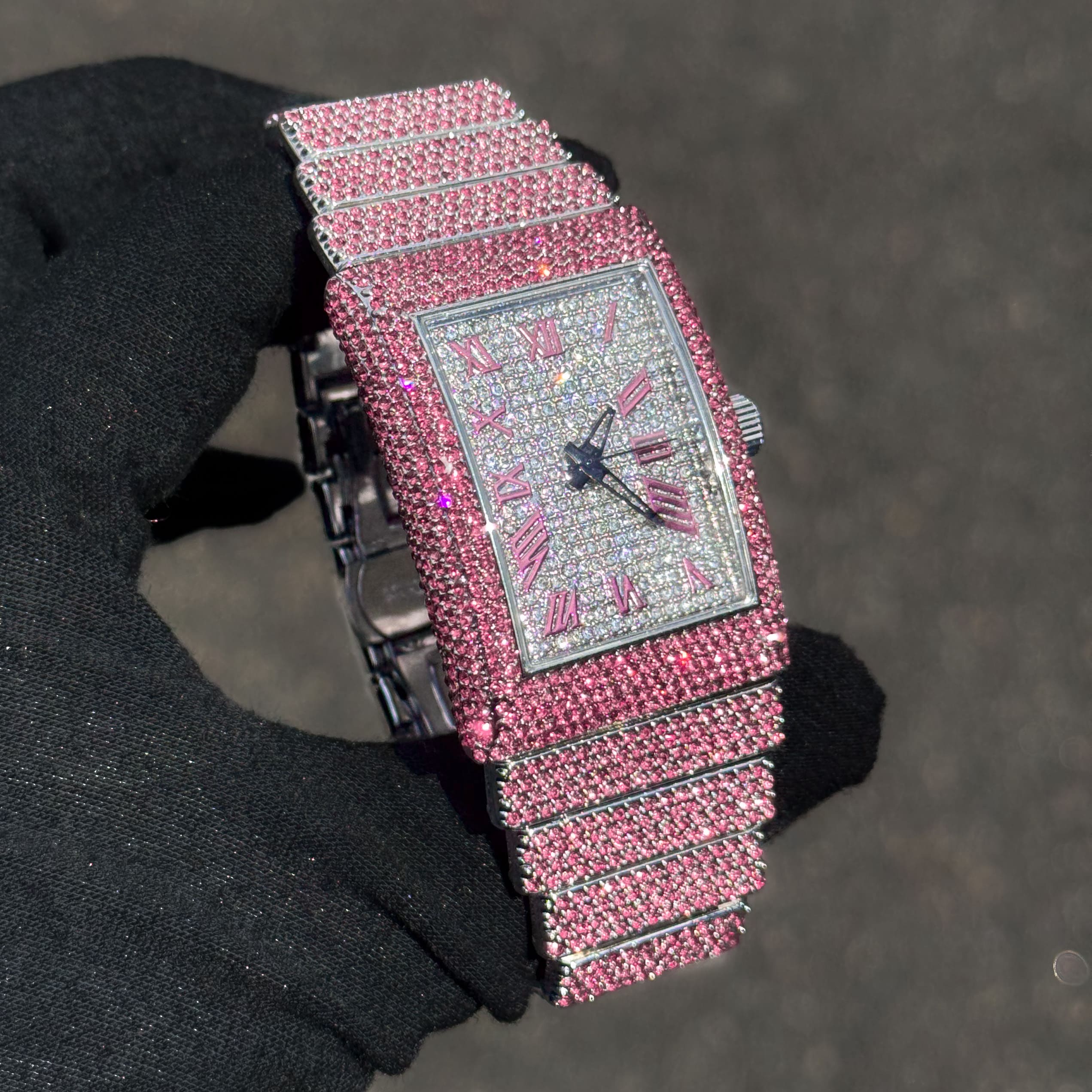 Women's 33mm Iced Diamond Watch: End-to-end Fully Iced Out Band with Brilliant Colorful Crystals